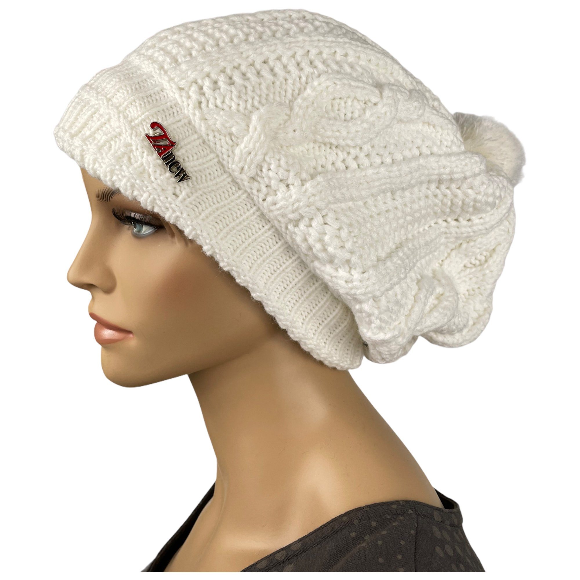 Taschen4life Beanie Damen Mütze mit Bommel TA1152 gestrickt im Zopfmuster-M günstig online kaufen