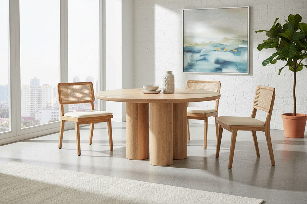 riess-ambiente Esstisch Art DECO 140cm natur Mangoholz, Säulenfüße, Unikat, massiv, rund (Einzelartikel, 1-St), Moderner Küchentisch - ideal für Ess- und Wohnzimmer oder Wohnküche