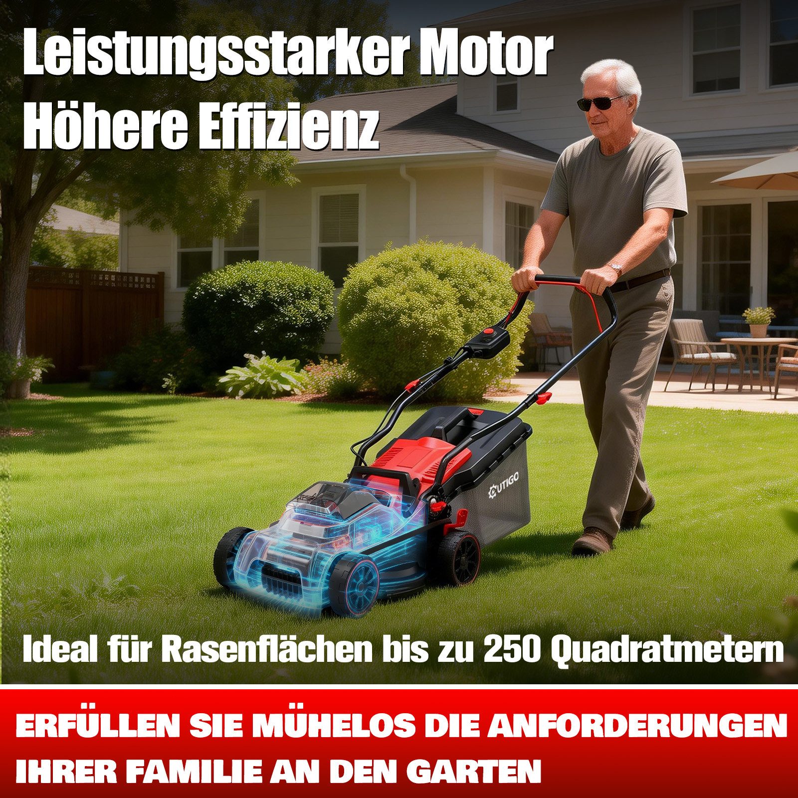 OUTIGO Akkurasenmäher CLM3381, 21V Akku-Rasenmäher, inklusive 5,0-Ah-Akku, 33 cm Schnittbreite, (1 Akku mit 5 Ah (Aufladung über Typ-C), Reichweite 250 m², Schnitthöhe einstellbar von 25 bis 65 mm