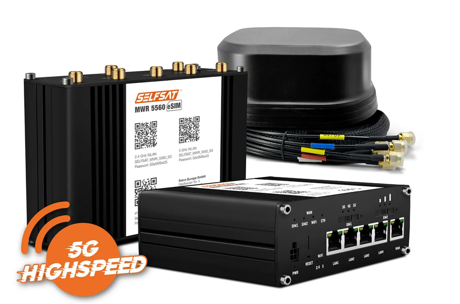 Selfsat MWR 5560 eSIM 5G Cat 20 WLAN Router bis 3,4 Gbps + SATCO 5G Antenne Mobilfunkantenne