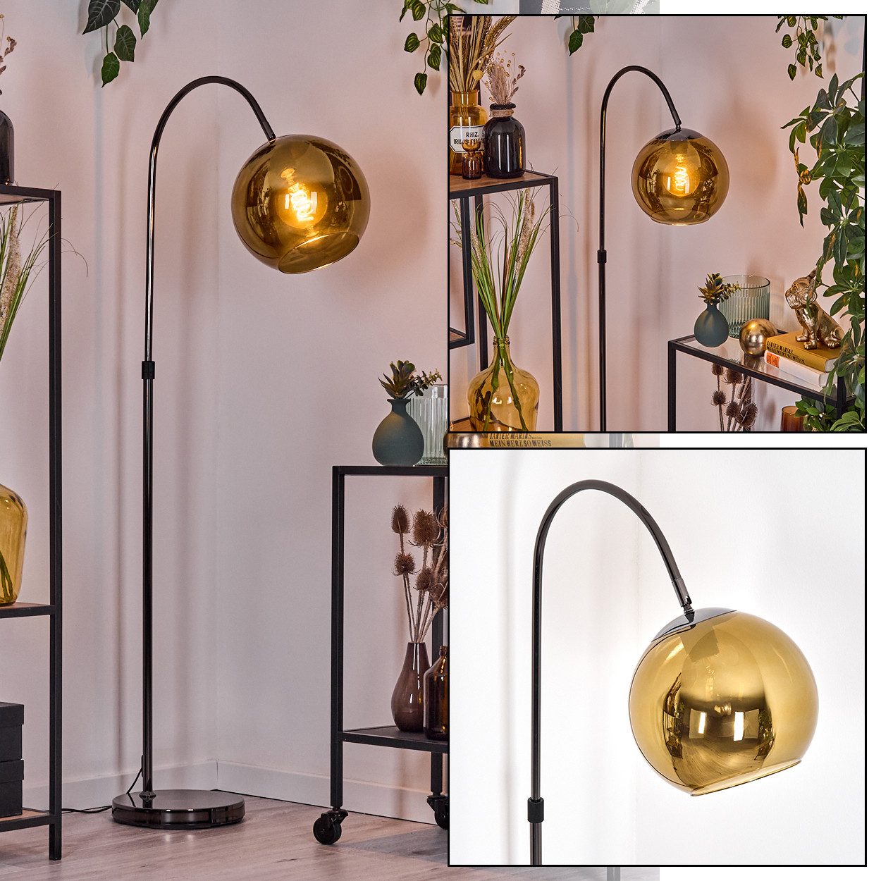 Stehlampe Stehlampe aus Metall/Glas in Schwarz/Chrom/Gold im Retro-Design