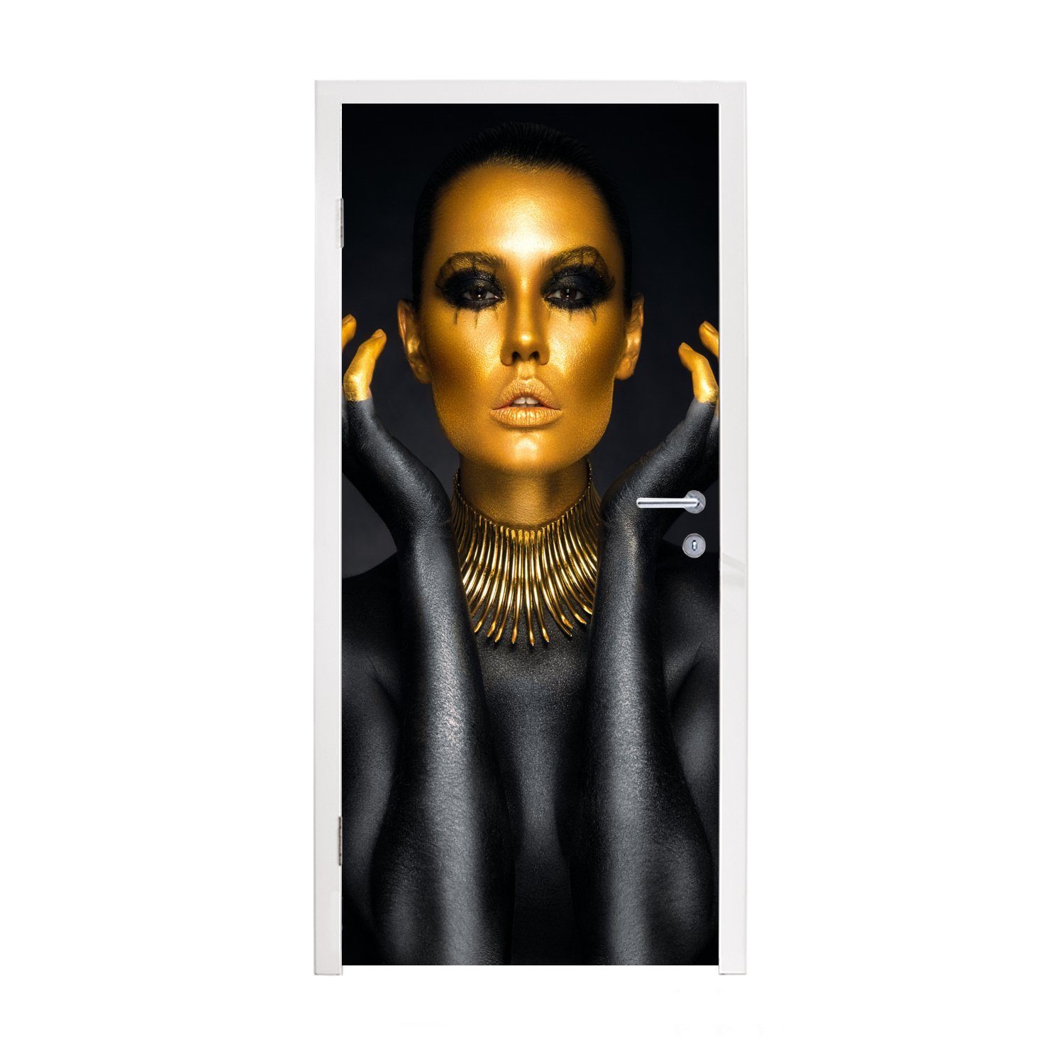 MuchoWow Türtapete Frau - Porträt - Gold - Luxus - Schwarz, Matt, bedruckt, (1 St), Fototapete für Tür, Türaufkleber, 75x205 cm
