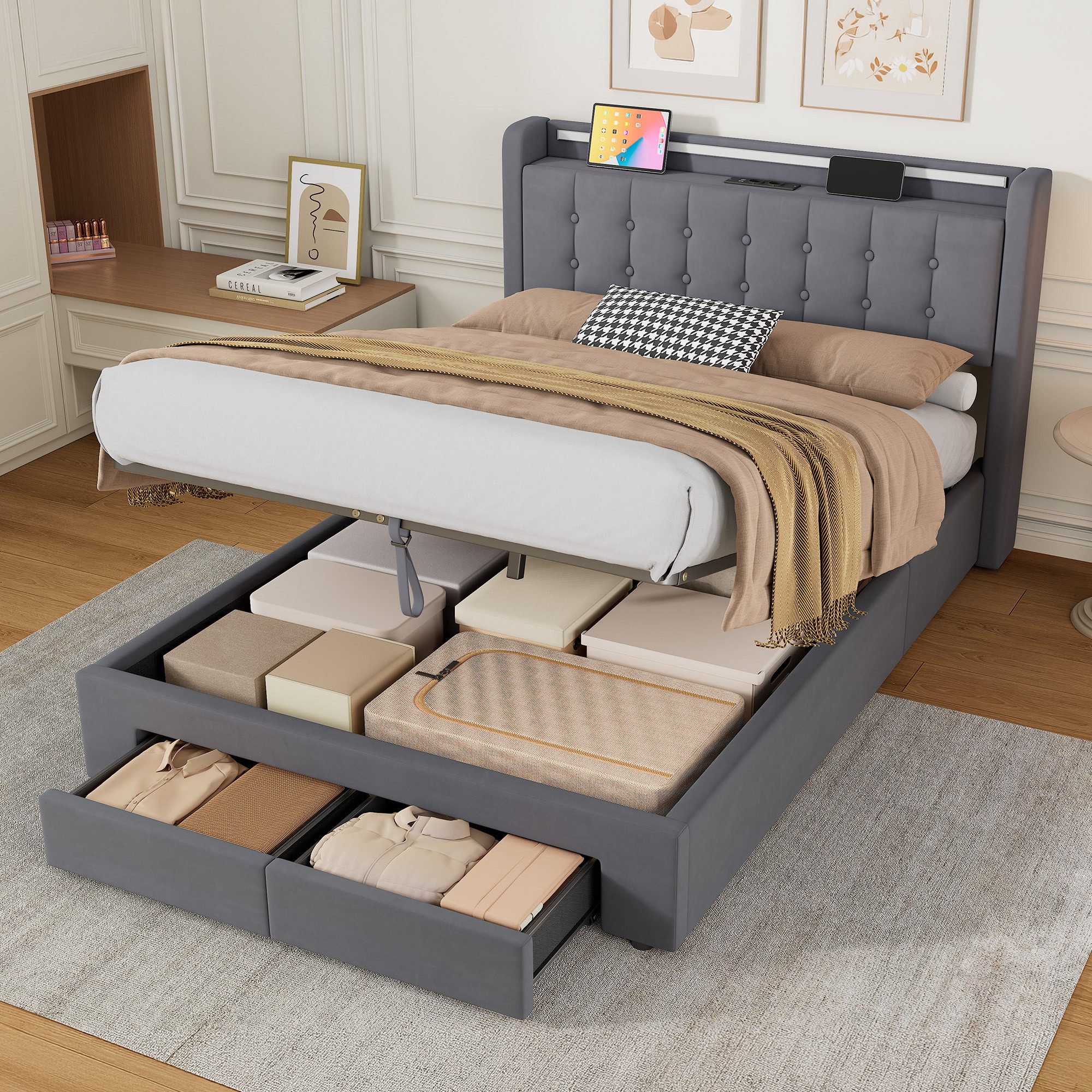 HAUSS SPOLE Polsterbett Stauraumbett mit Bettkasten,Einzelbett- oder Doppelbett erhältlich (140×200 Bettgestell Komfort-Doppelbett Schlafzimmerbett aus Samt, stabile Stahl-Holz-Konstruktion für hohen Schlafkomfort), Bettrahmen ohne Matratze