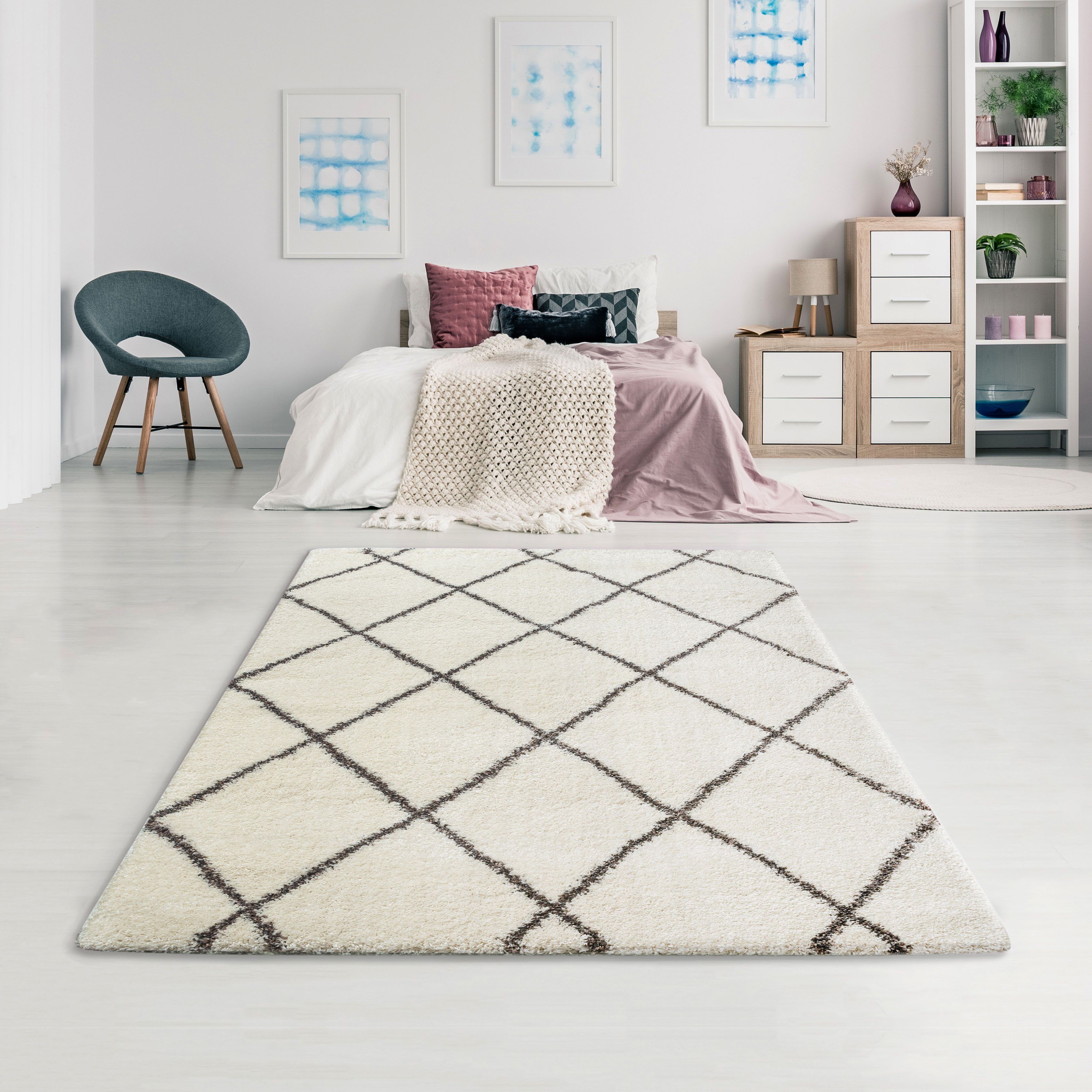 Flor, Hunter, Hochflor, 40 andas, gewebt Hochflor-Teppich Höhe: rechteckig, creme dichter besonders Rauten-Design, weicher mm, und