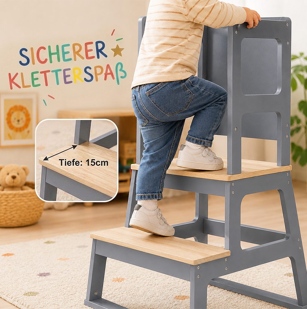 Baby Vivo Stehhilfe Lernturm aus Holz - Mit Tafel in Grau