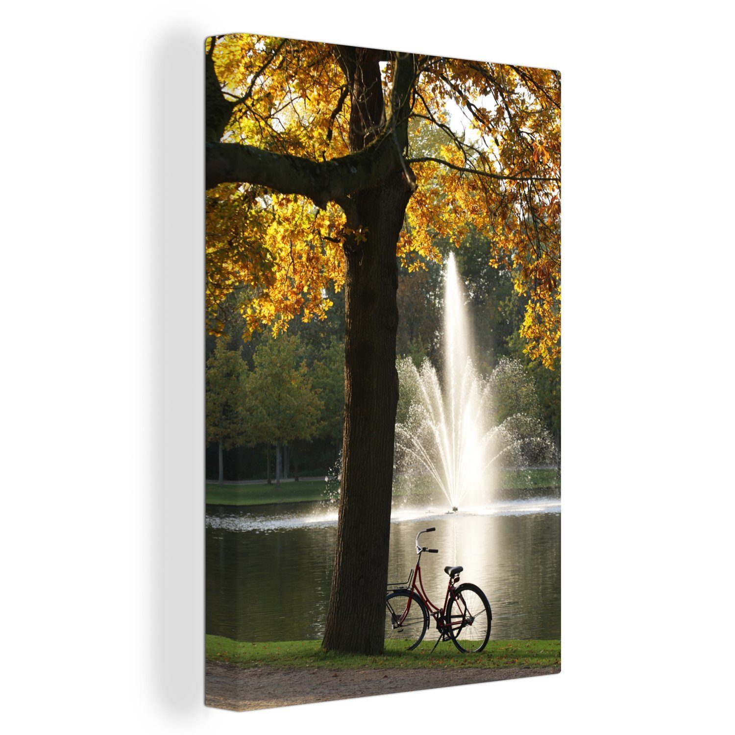 OneMillionCanvasses® Leinwandbild Silhouette eines Fahrrads vor einem Springbrunnen im Vondelpark in, (1 St), Leinwandbild fertig bespannt inkl. Zackenaufhänger, Gemälde, 20x30 cm