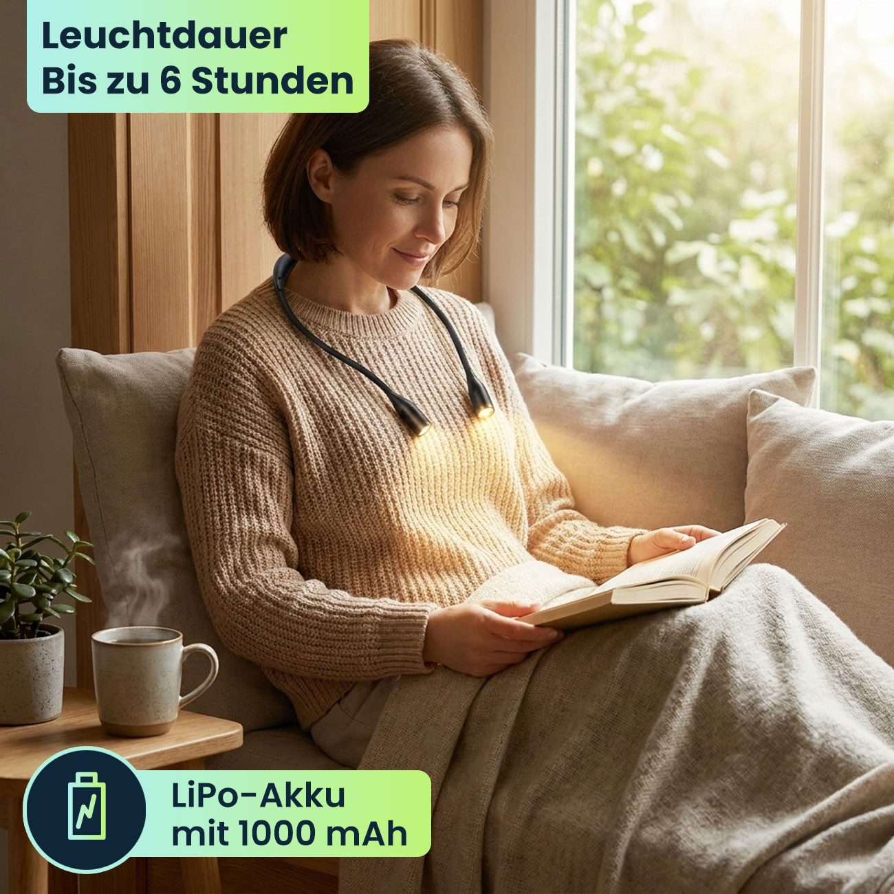 shop'n smile ideoon LED Leselampe LED Leseleuchte zum Umhängen Akku Leselampe 2W dimmbar 3 Farben, LED fest integriert, Wiederaufladbar/flexibler Schwanenhals/6 – Bild 4 von 5