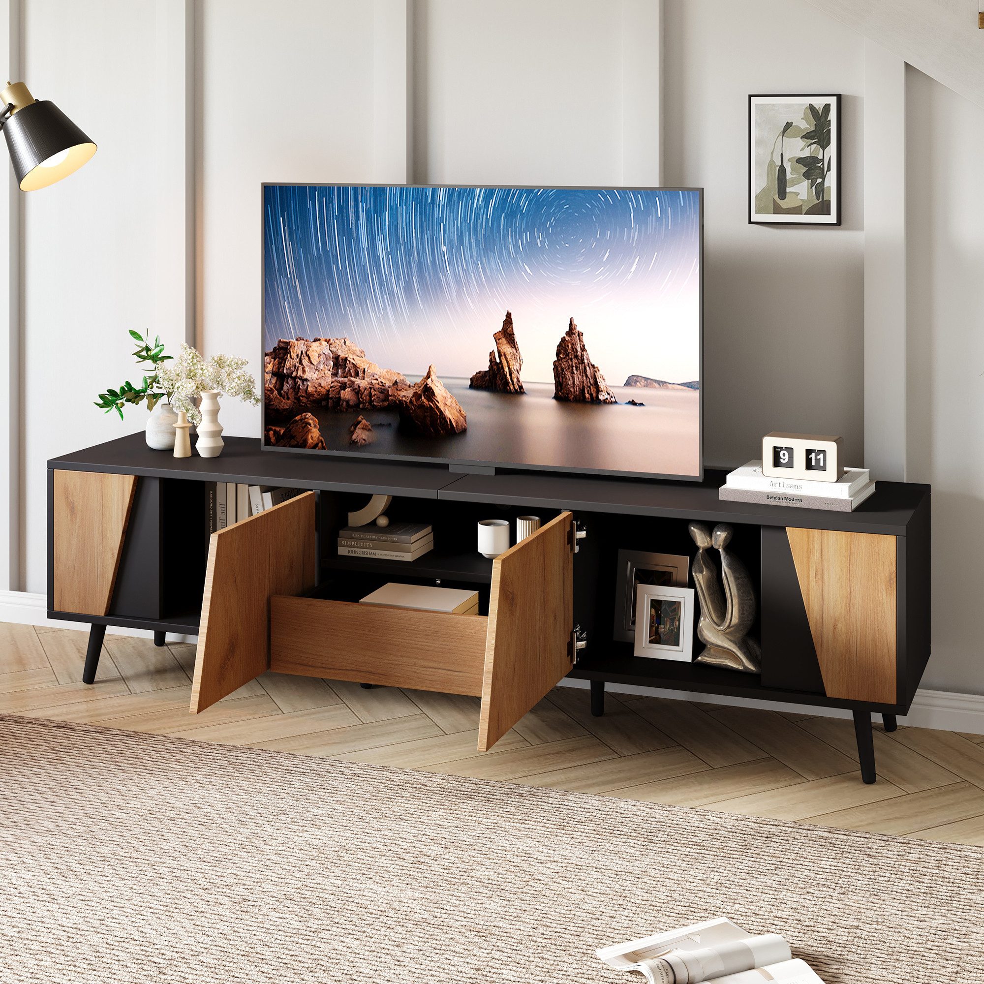 OKWISH Lowboard für 75-Zoll-TV (Fernsehtisch, Wohnzimmermöbel, 1 St., mit Schubladen und 2 Schränken), mit 6 Stützbeinen aus Massivholz