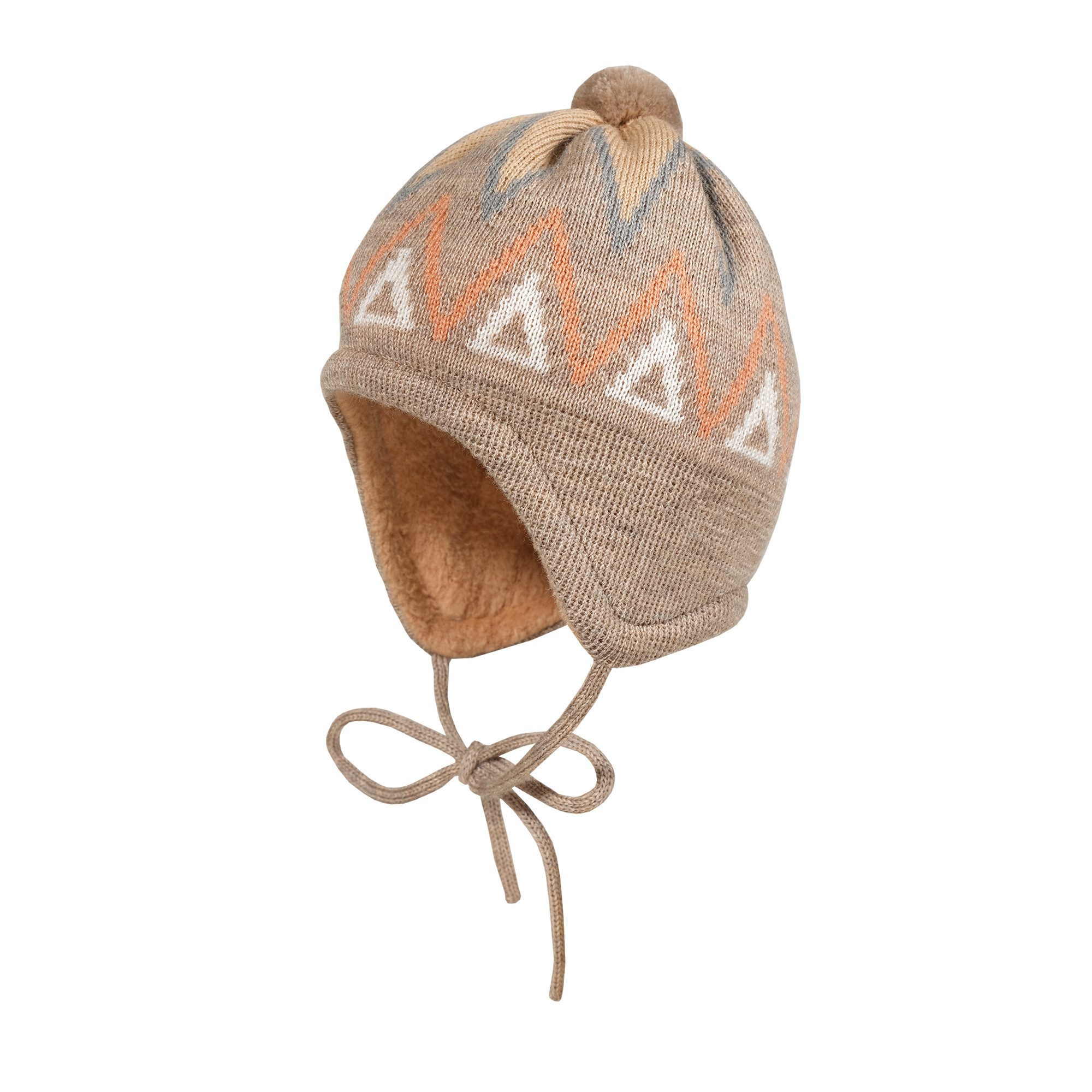 MAXIMO Strickmütze BABY-Mütze, ausgenäht, Band Norweger Jacquard, Minipompon, Teddyfutter (1-St)