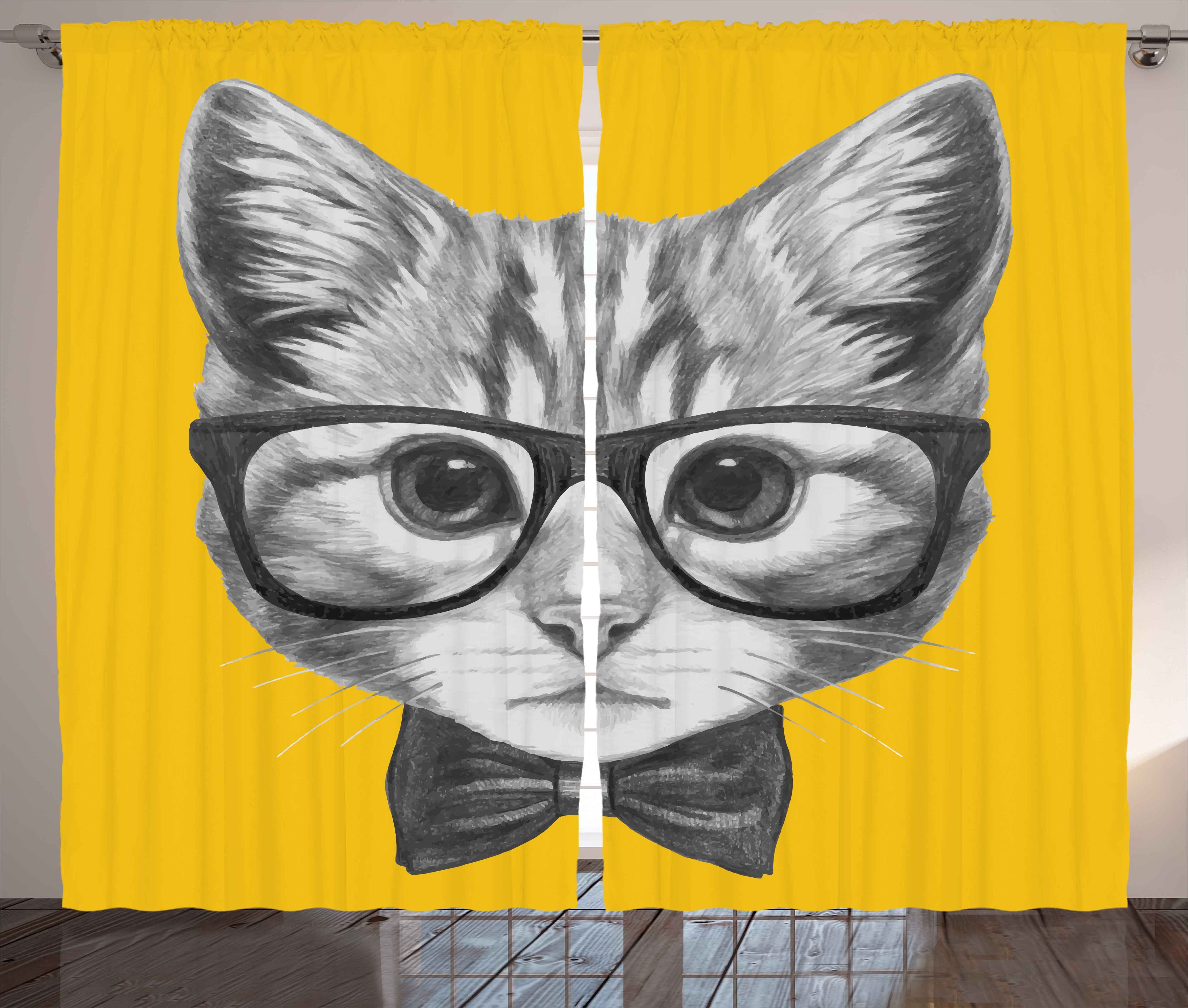 Gardine Schlafzimmer Kräuselband Vorhang mit Schlaufen und Haken, Abakuhaus, Brille Baby-Hipster-Kätzchen-Katze