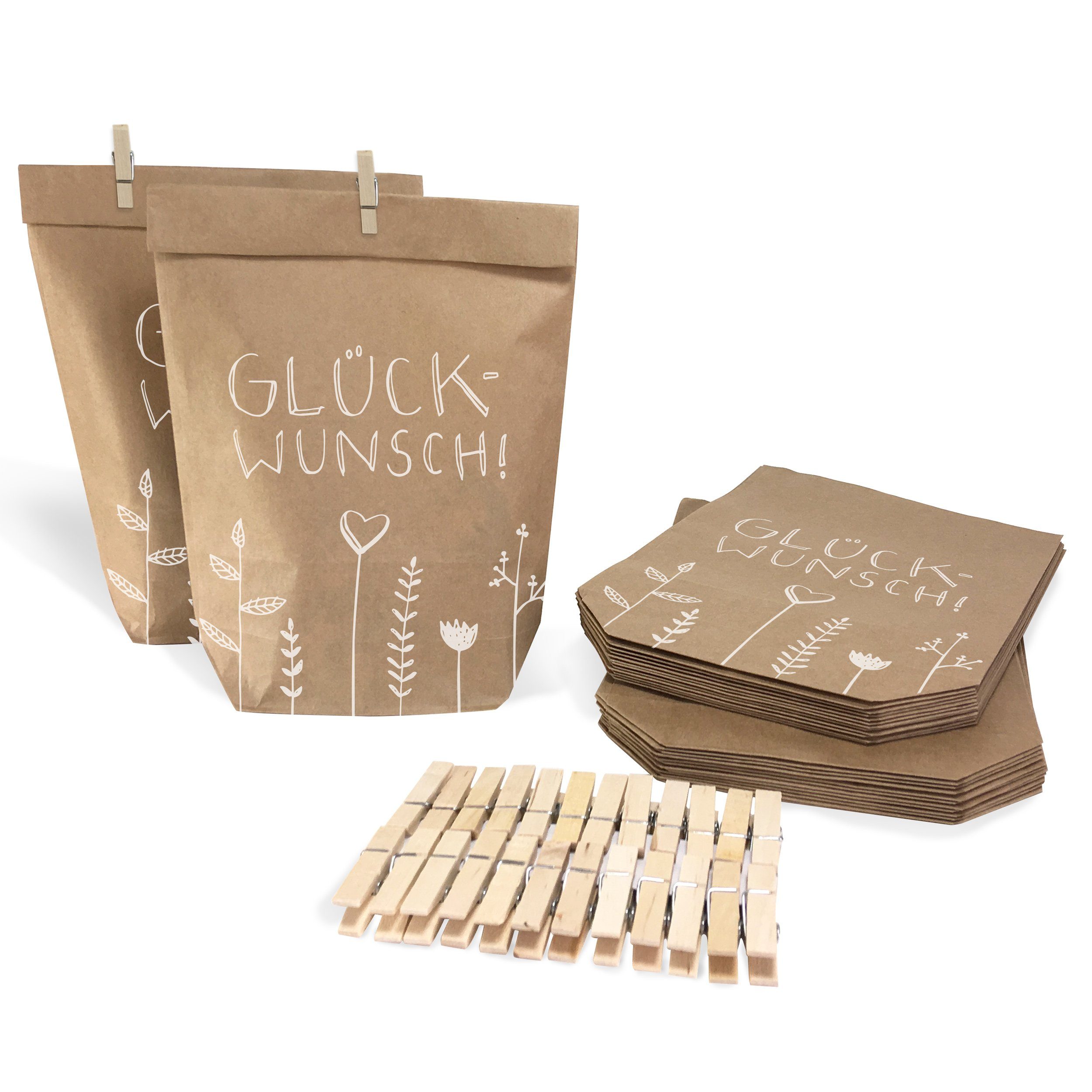 Eine der Guten Verlag Geschenkpapier 24 Geschenktüten - "Glückwunsch!" - mit 24 FSC-Holz Miniklammern