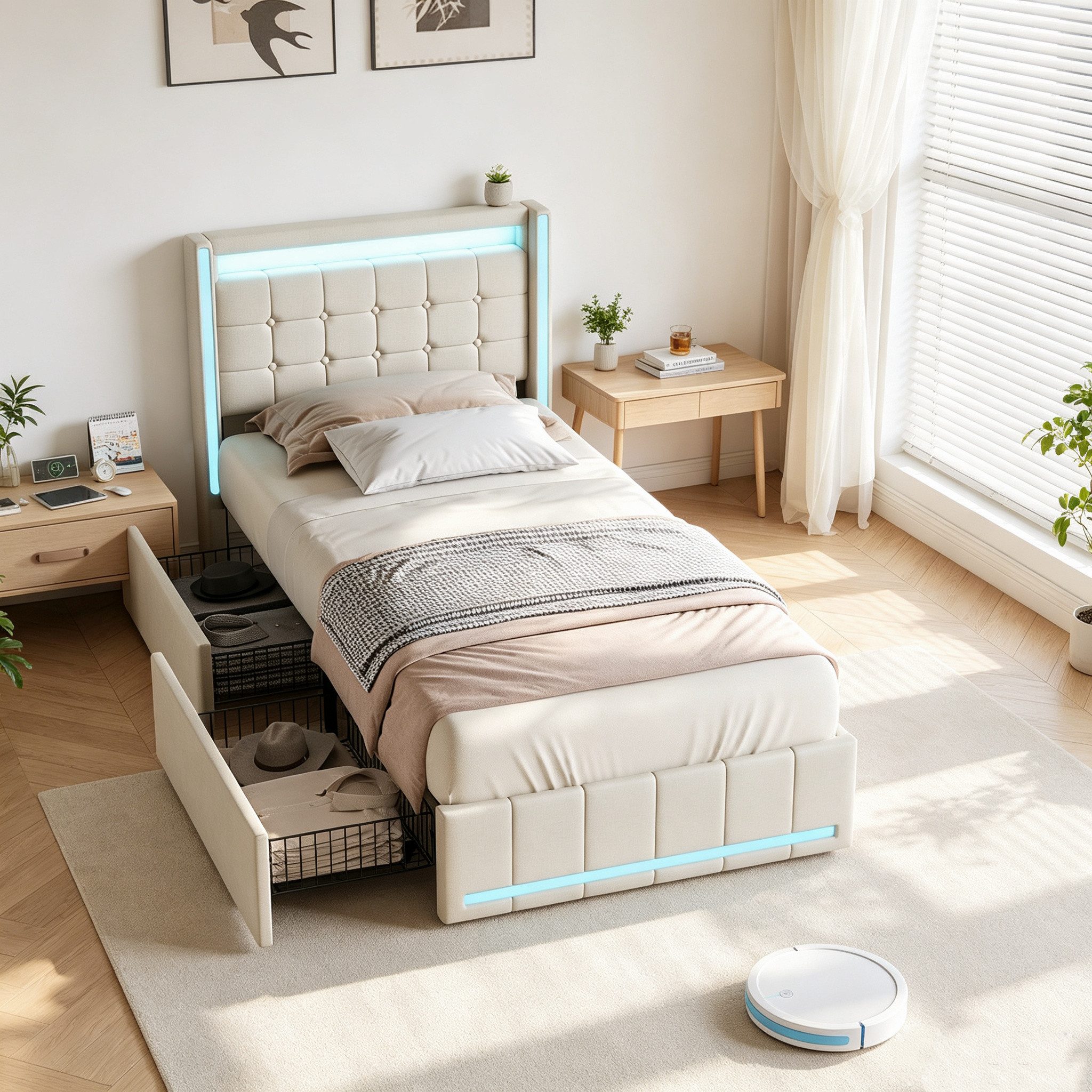 Simurq Einzelbett Polsterbett 90x200 mit Stauraum, Jugendbett, Gästebett, Mit Lattenrost, 2 Schubladen, USB Port & LED, Leinen