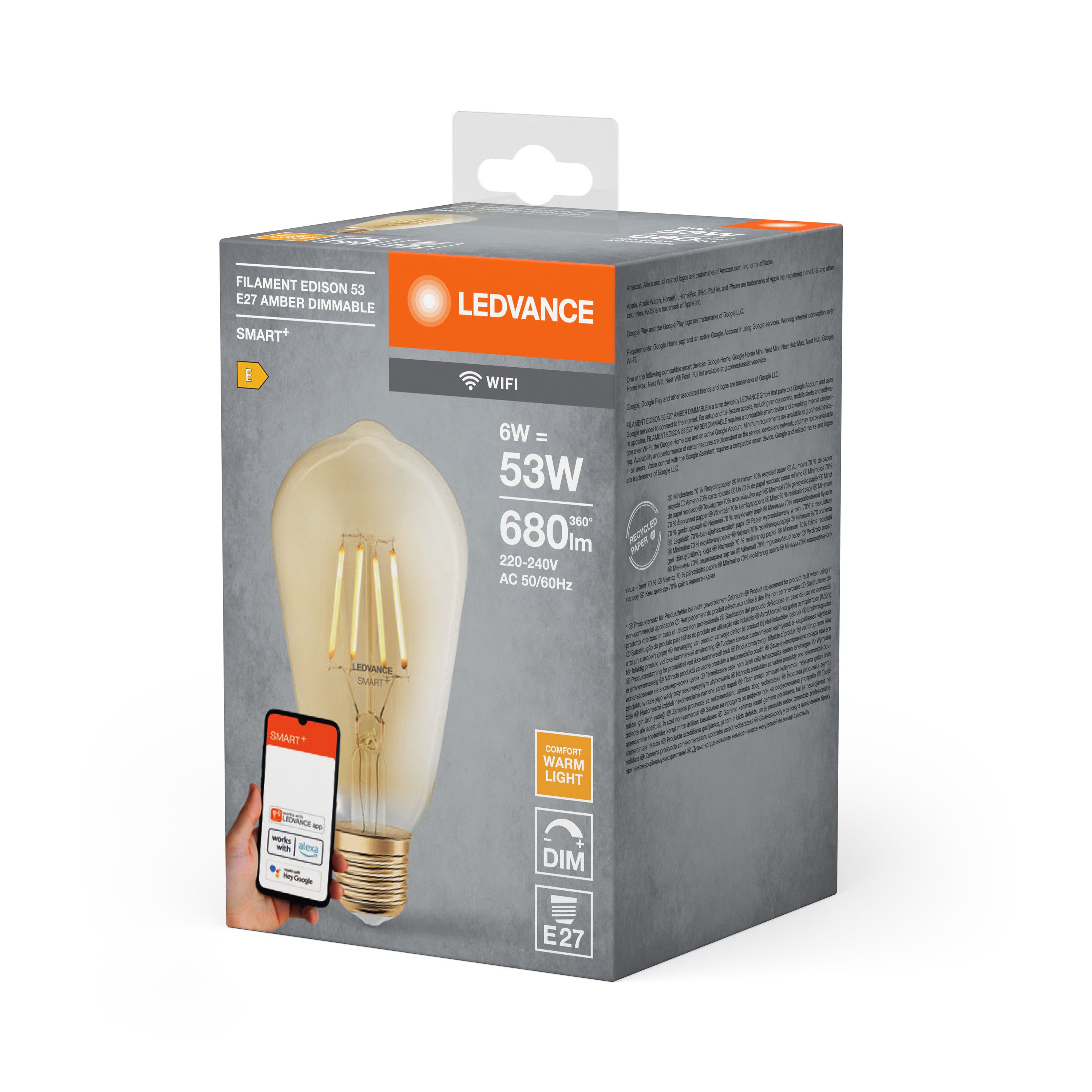 Ledvance LED-Leuchtmittel SMART+ Filament Edison Dimmable 53 6 W/2400 K E27, E27, 1 St., Warm weiß, Drahtlose Steuerung über App