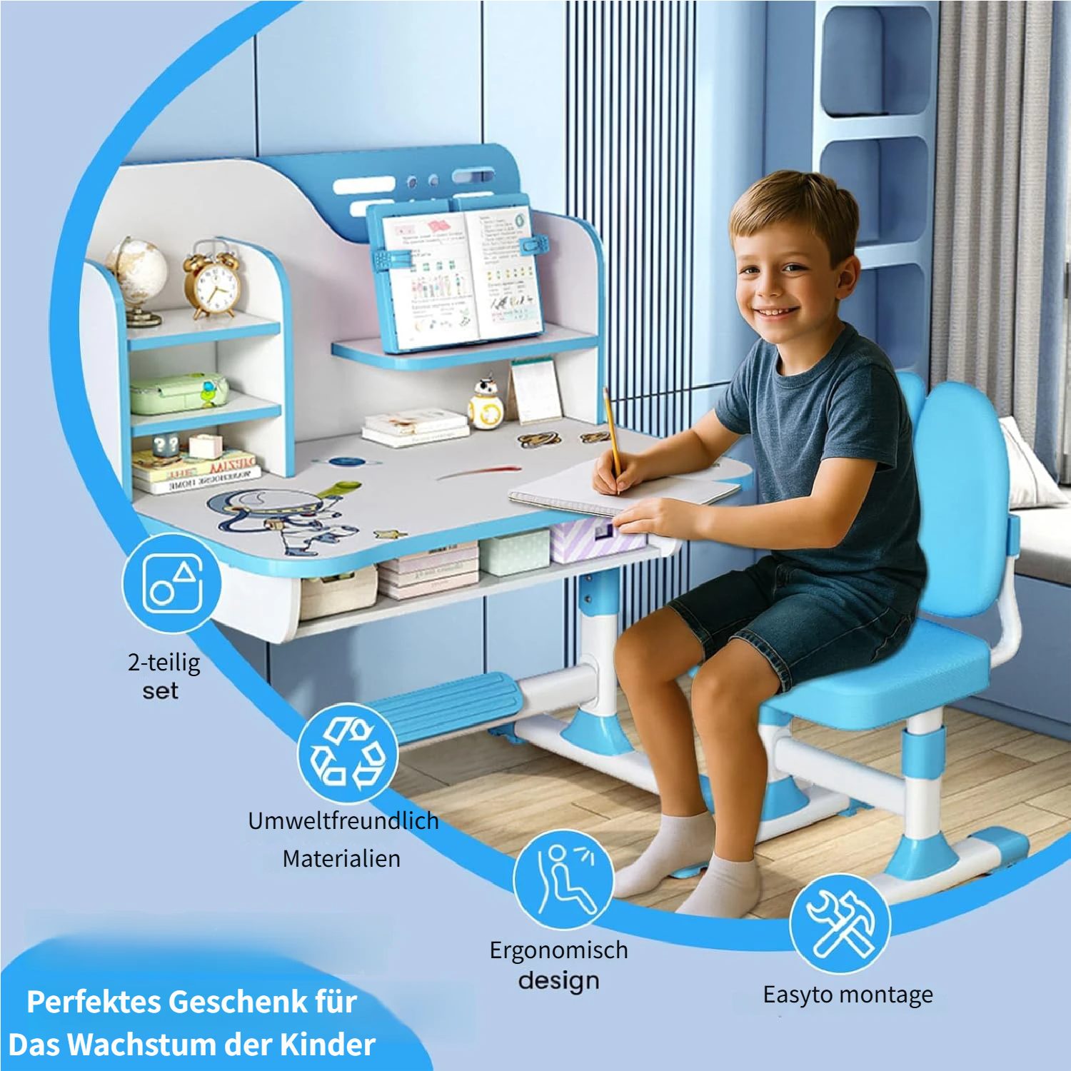Rutaqian Kinderschreibtisch Kinderschreibtischstuhl Set für Kinder,Höheverstellbar 105 und 111 cm (Kinder-Schreibtisch- und Stuhl-Set, 1-St., 1 x Kinderschreibtisch, 1 x Kinderstuhl), Schreibtisch mit Stuhl, Bücherständer und Schublade für Jungs Mädchen