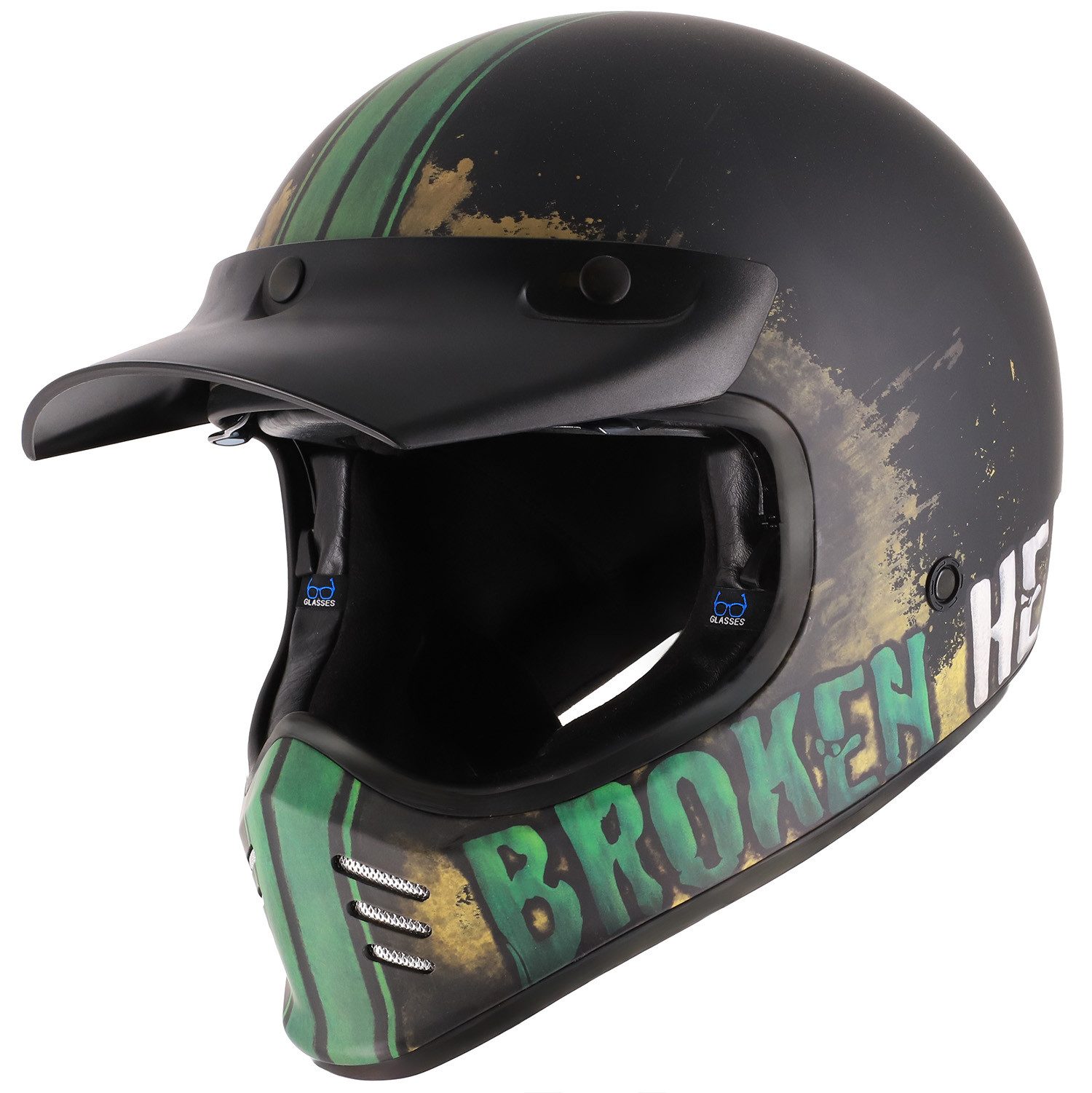 Broken Head Motocrosshelm Rusty Rider Grün, Old-School Optik