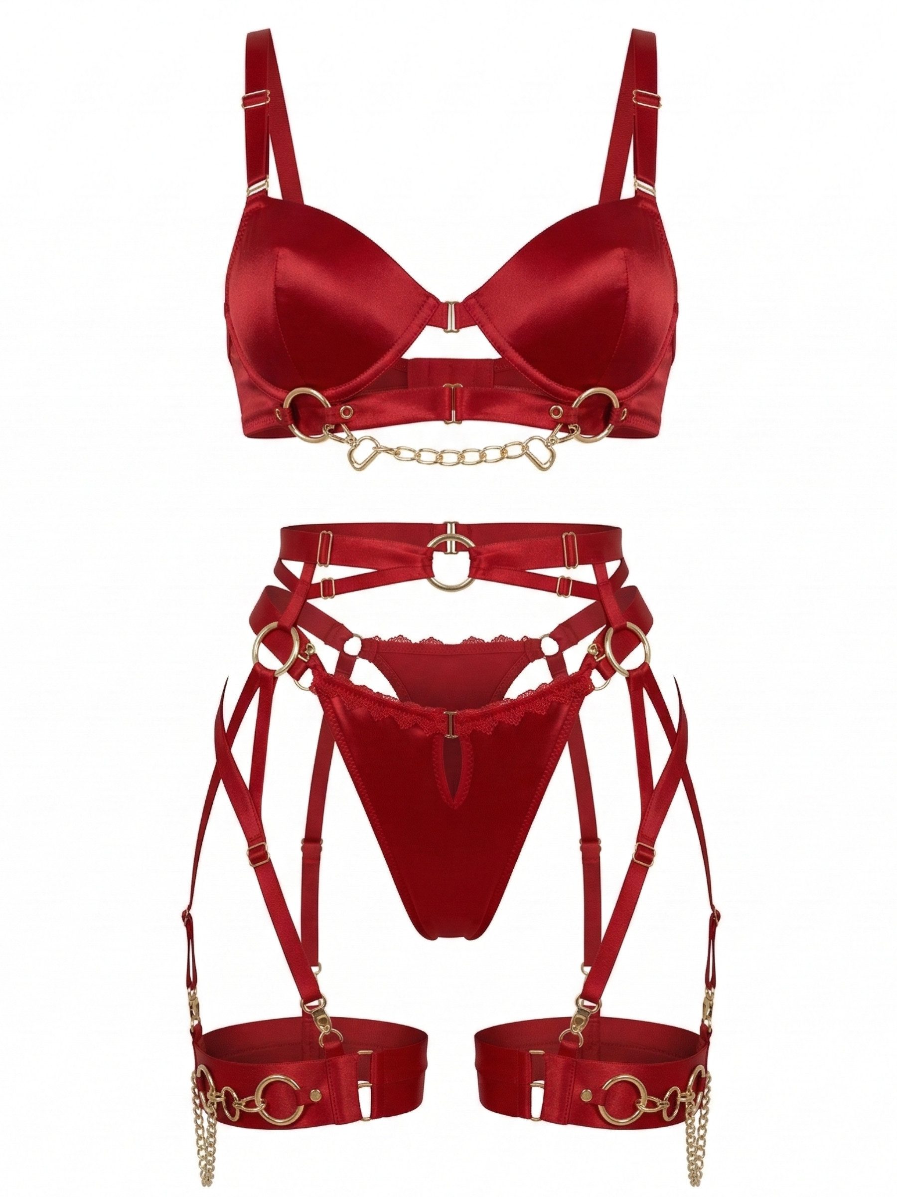 Elegant Love Set: Bügel-BH Dessous-Set für Damen – Sexy Straps-Lingerie mit Kettendetails (Set, 4-tlg., BH + String + Strumpfgürtel + Beinbänder) Sinnliche Reizwäsche – Stilvolle Unterwäsche für besondere Stunden