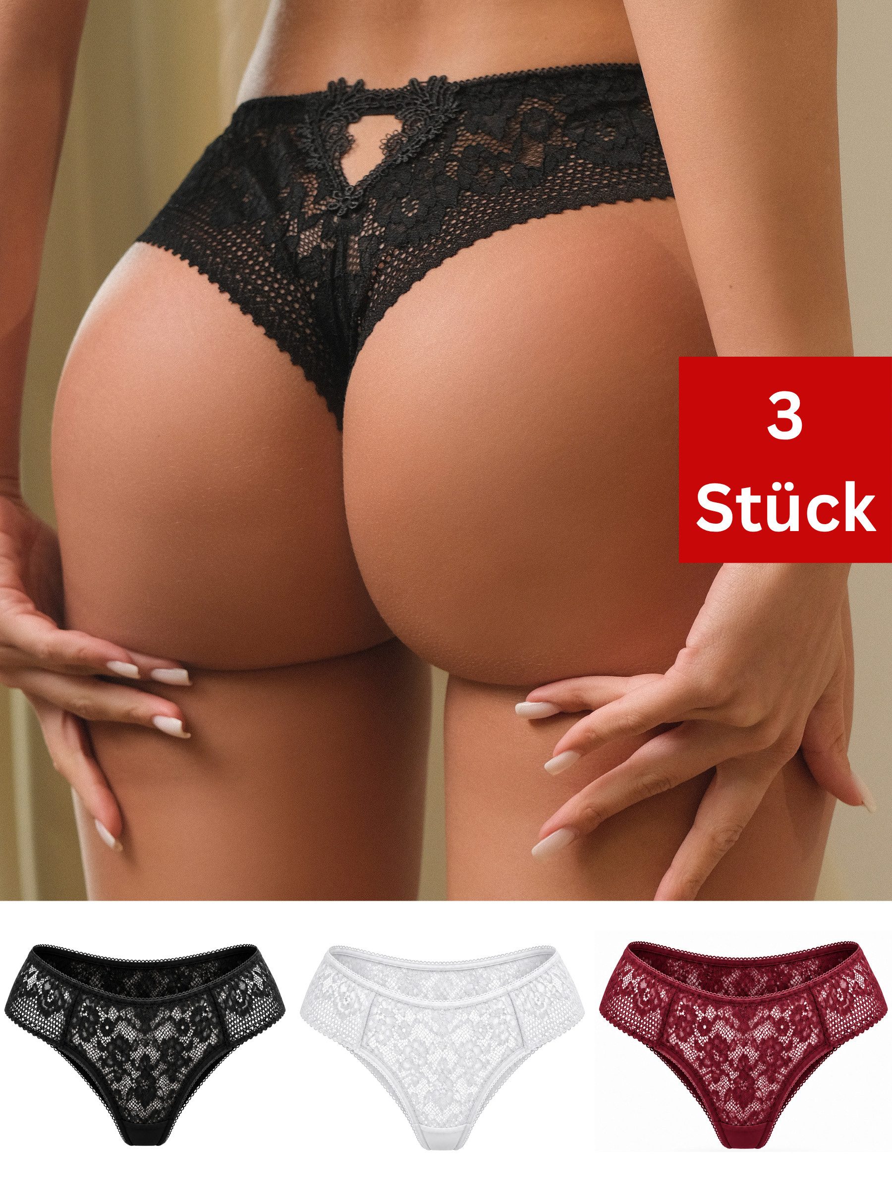 Elegant Love Brasilslip Spitzenslip Damen mit Blütenspitze – transparente Dessous-Unterwäsche (Packung, 3-St., 3er-Pack) Hüftpanty mit …