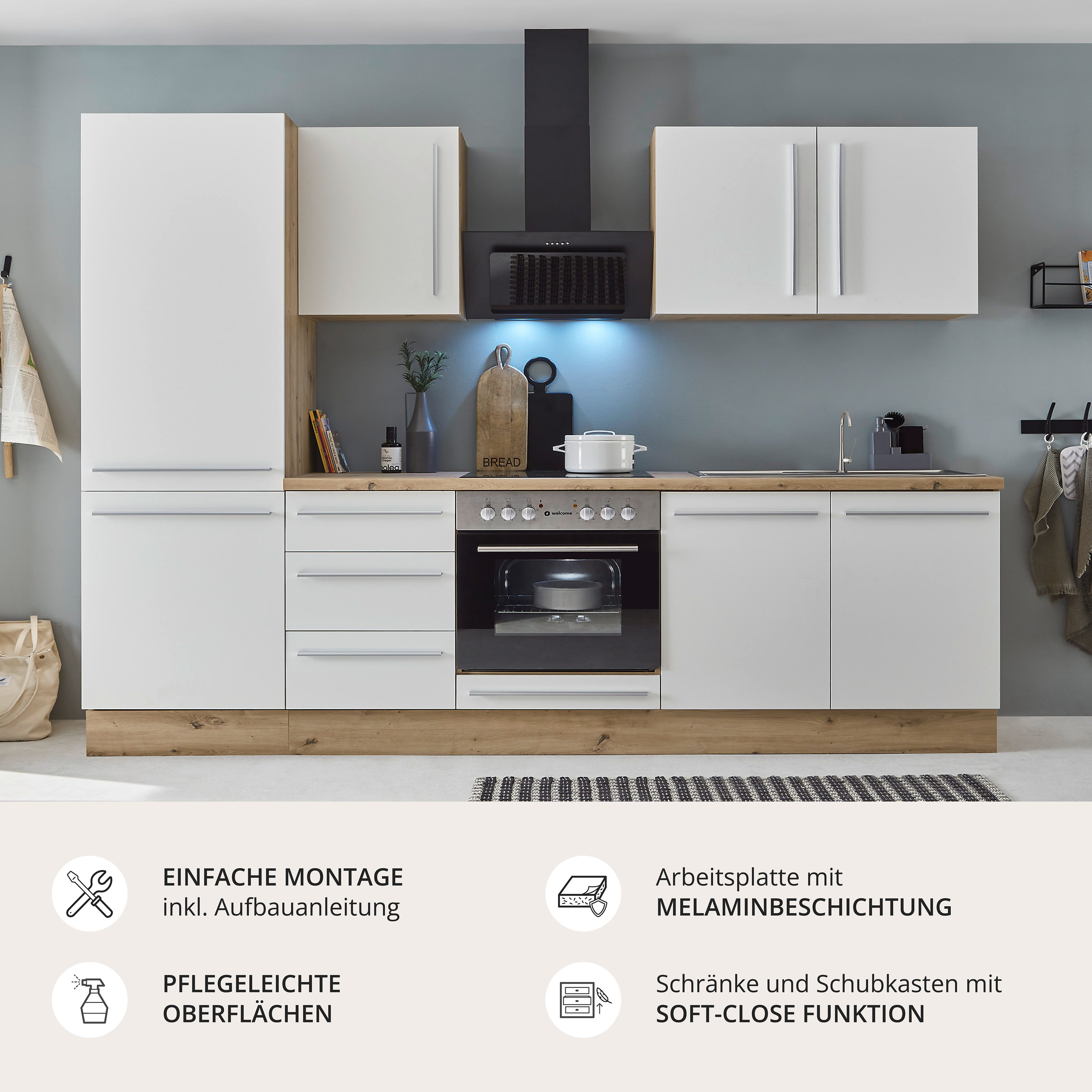 KOCHSTATION Küchenzeile KS-Florida mit 38mm starker Arbeitsplatte, Breite 270 cm, wahlweise mit E-Geräten, Soft-Close-Funktion