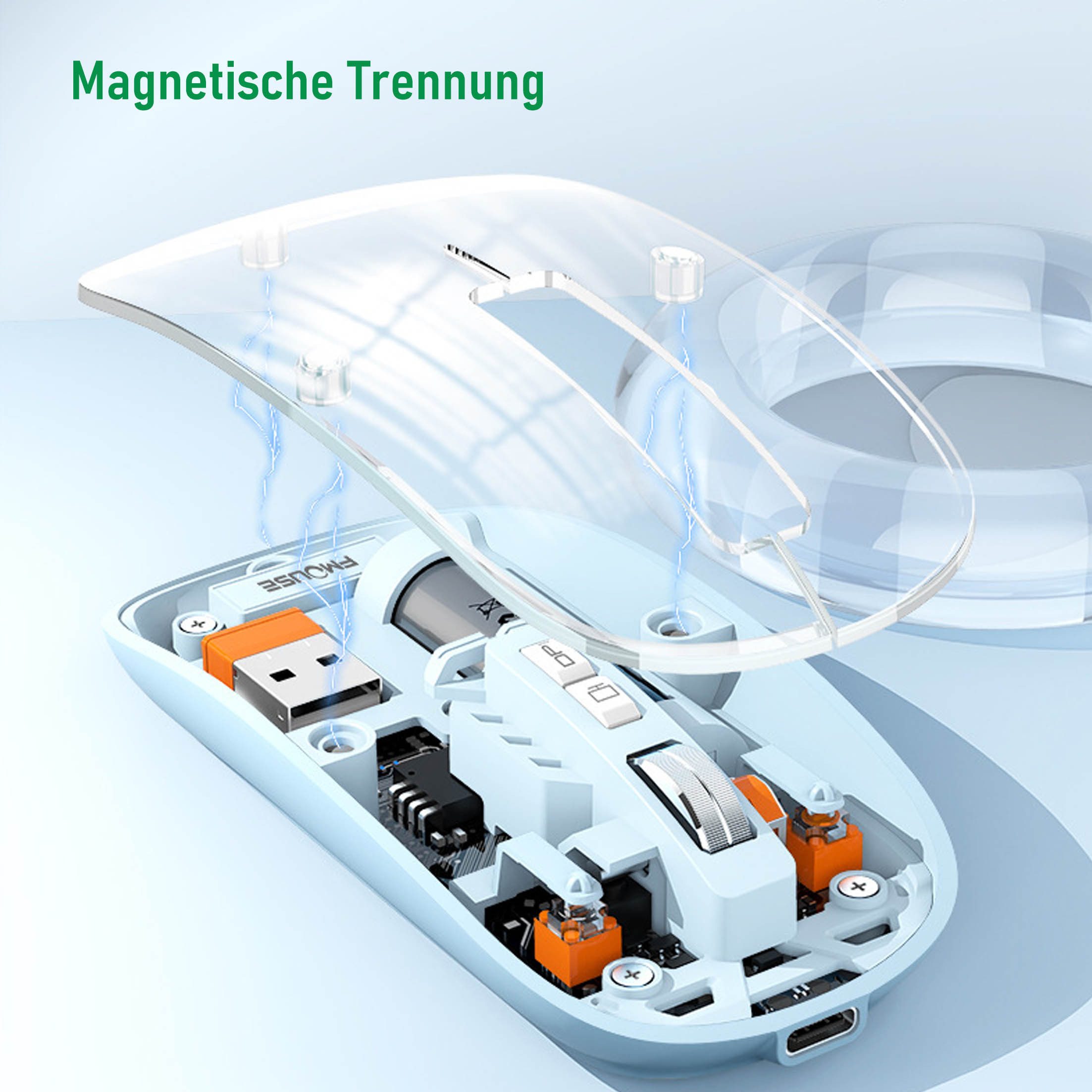 KINSI Drahtlose Bluetooth Maus, Büromaus, 3 Betriebsmodi, wiederaufladbar Maus (Bluetooth, 800–1200–1600 DPI, 5 Tasten)