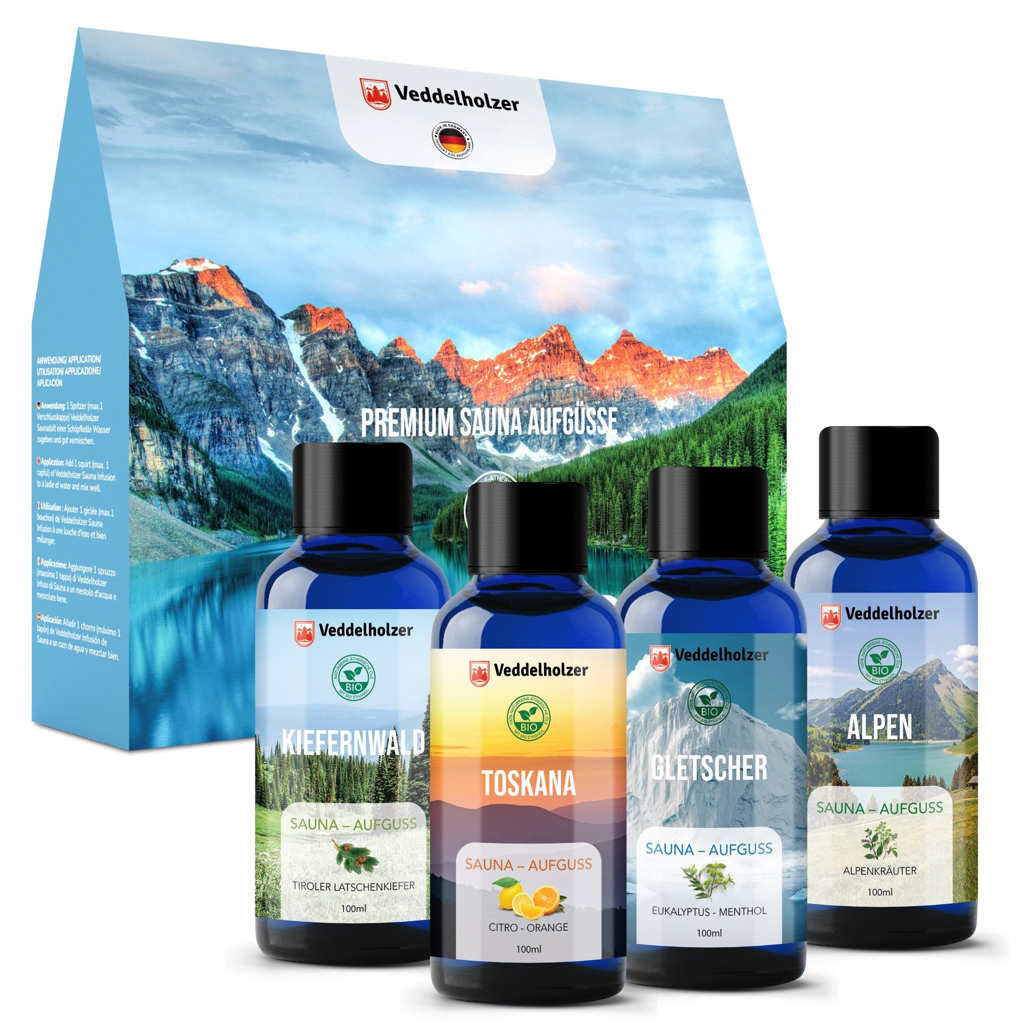 Veddelholzer Garten Sauna-Aufgussset BIO Saunaaufguss Geschenkset 4 x 100 ml verschiedene Saunaöle (4-tlg)