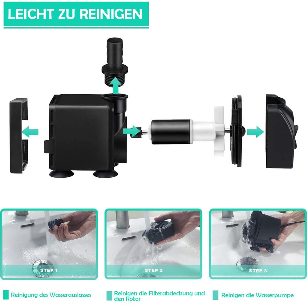TUWENA Springbrunnenpumpe Mini Wasserpumpen(1000L/H,15W),Ultra Leise Aquarium Pumpe mit Hohe Hub, Brunnenpumpe mit 1,5m Netzkabel,1 Düsen für Aquarien,Teich,Hyd – Bild 5 von 5