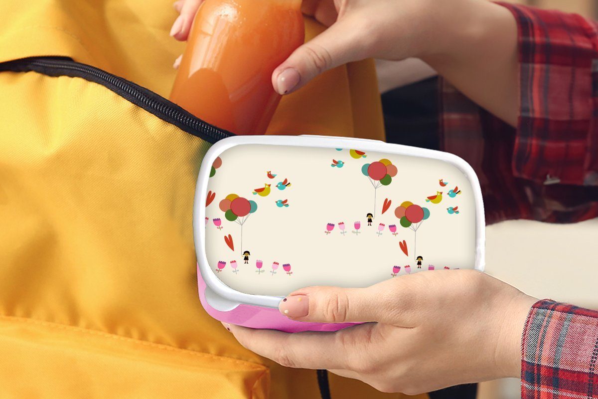 MuchoWow Lunchbox Mädchen - Kunststoff, Brotbox Muster Mädchen (2-tlg), Luftballons Erwachsene, - Kunststoff Mädchen, - Kinder, Blumen Kinder, - - Brotdose rosa für Kinder Snackbox, 