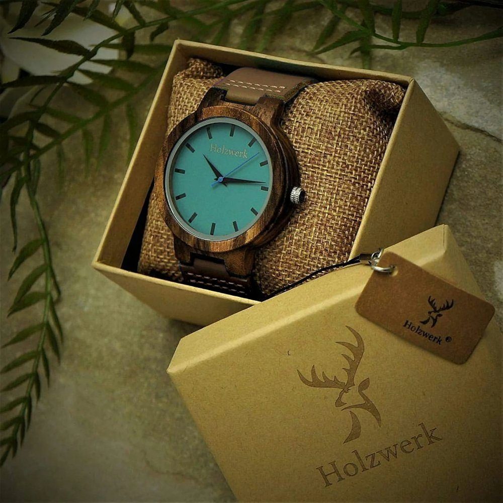 Holzwerk Quarzuhr NAILA Damen & Herren Leder & Holz Armband Uhr, braun, türkis blau