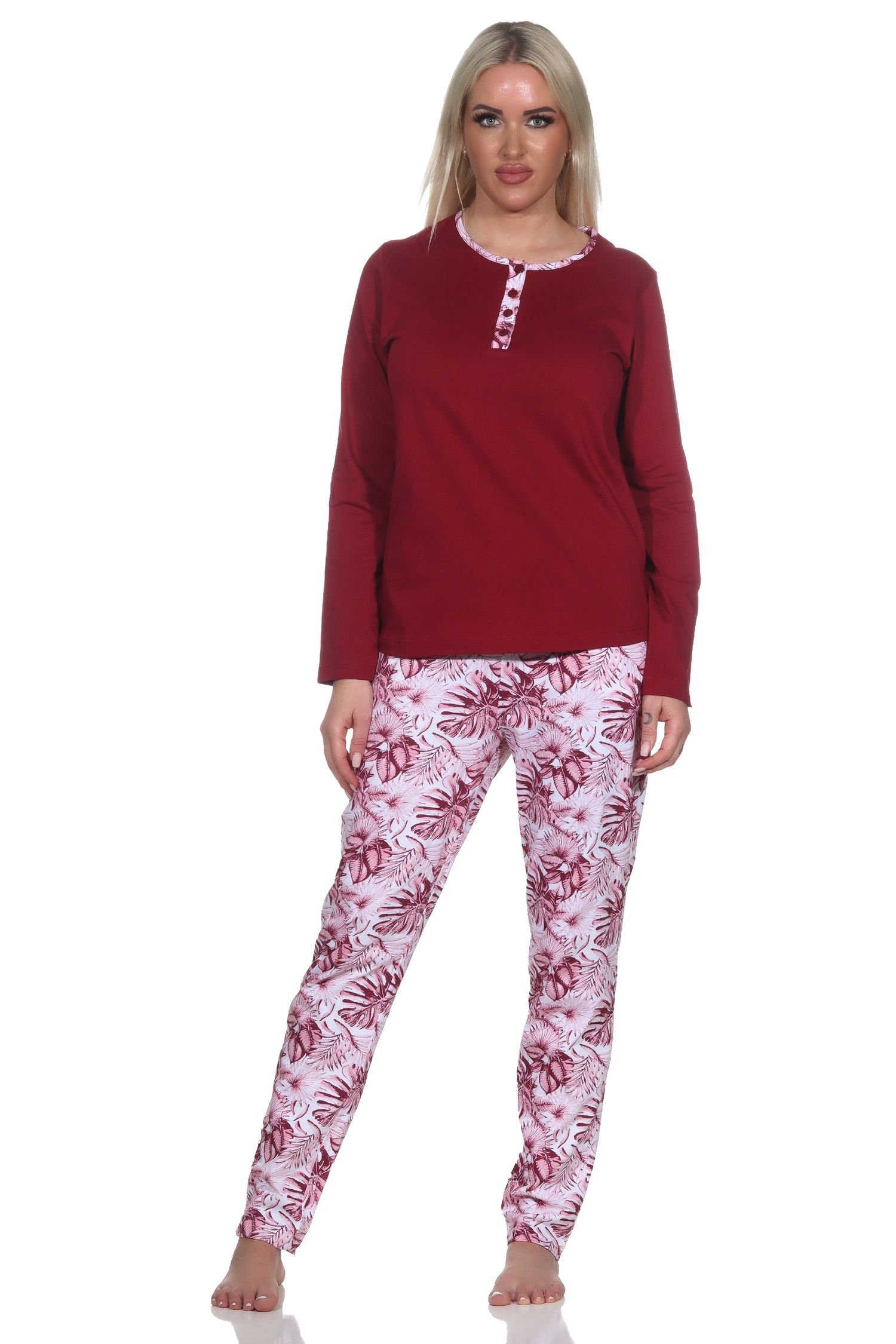 Normann Pyjama Damen Schlafanzug mit Hose in floralem Print - auch in Übergrößen rot