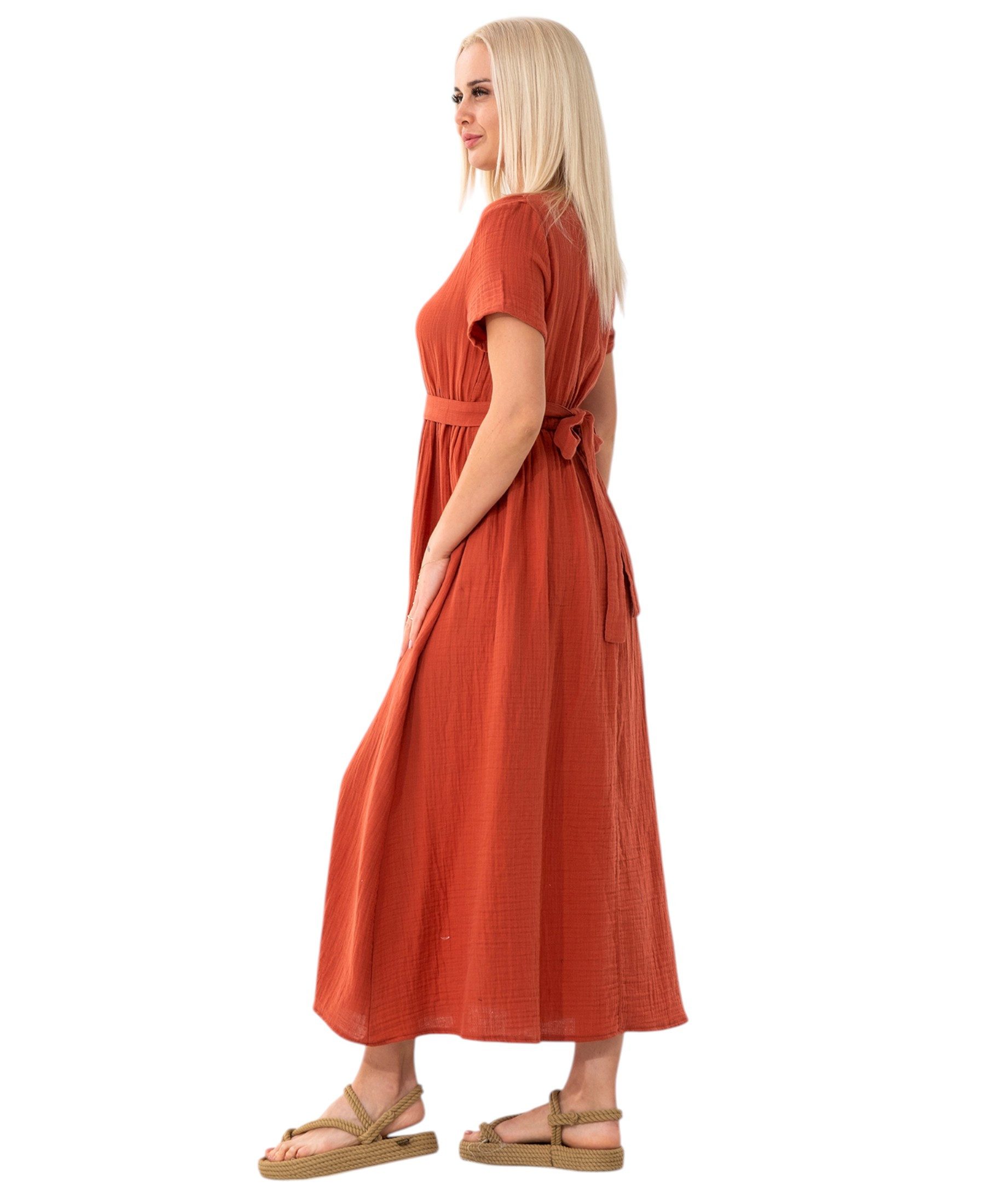 WENOR Sommerkleid Musselin Boho Kleid mit Knopfleiste & Taillenband, Freizeitkleid (1-tlg) Vorn mit Holzknöpfen, Bindegürtel an der Taille – Bild 3 von 5