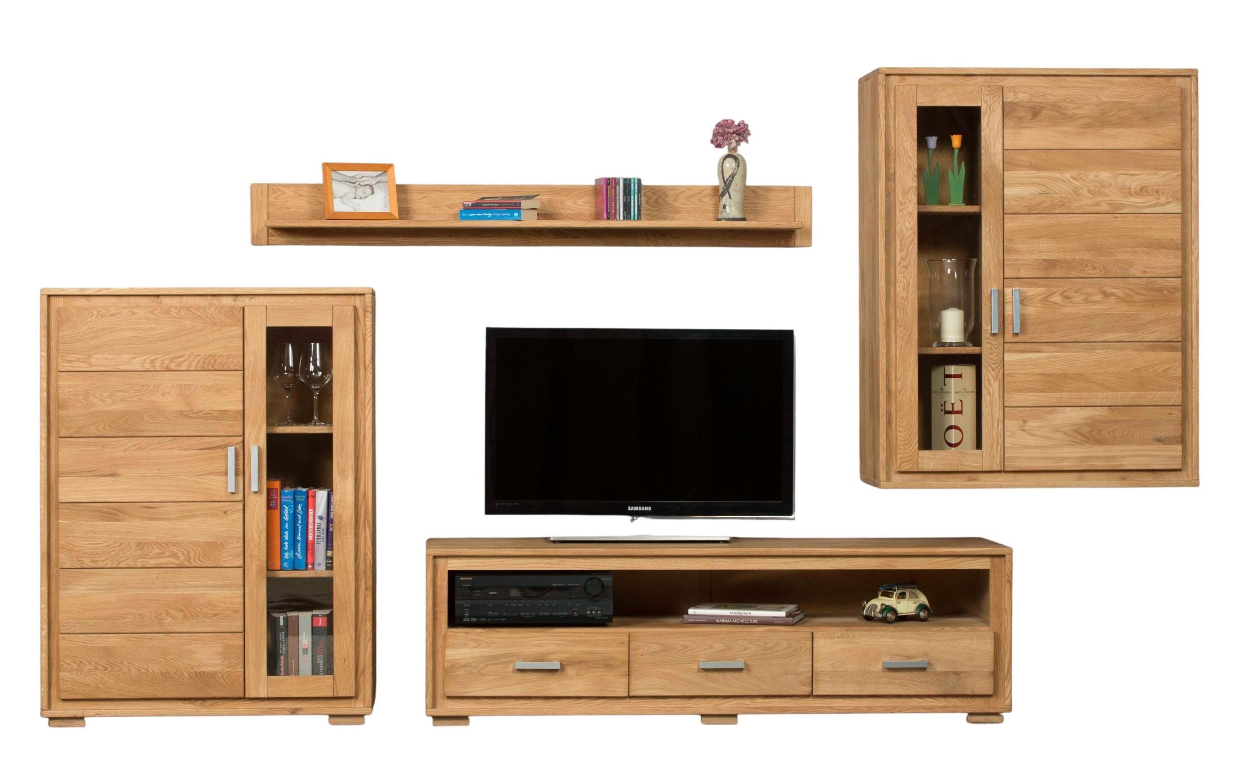 Trendmöbel24 Wohnwand Wohnzimmerschrank Basel Set IV 4-teilig Wildeiche Massivholz, (Komplett-Set, 4-St., Hängevitrine, Lowboard, Highboard, Wandboard)