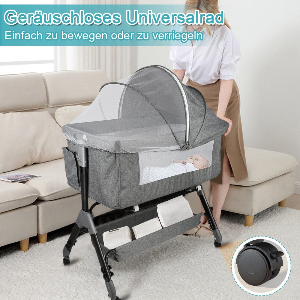JEOBEST Beistellbett Baby, Grab-and-go Baby Bett mit Matratze & Rädern für Neugeborene, Tragbare Babybett mit 4 verstellbaren Höhen & Matratze