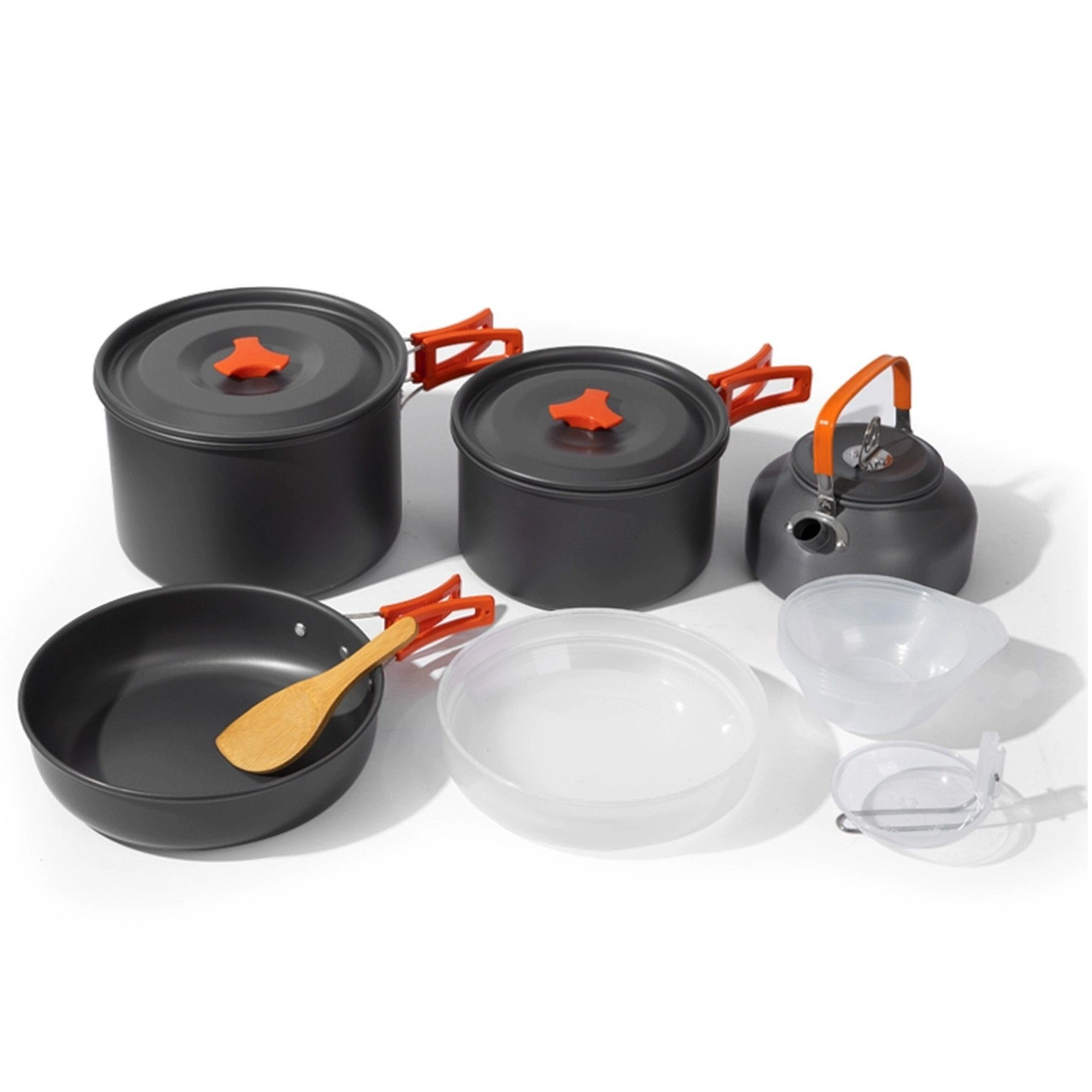 GLIESE Topf-Set Tragbares Camping-Kochgeschirr-Set, Aluminium (Set, 13-tlg., Topf/Kaffeekanne/Bratpfann/Esslöffel/Reisöffel/Plastikschüsseln), für Wanderungen, Camping oder Picknicks.