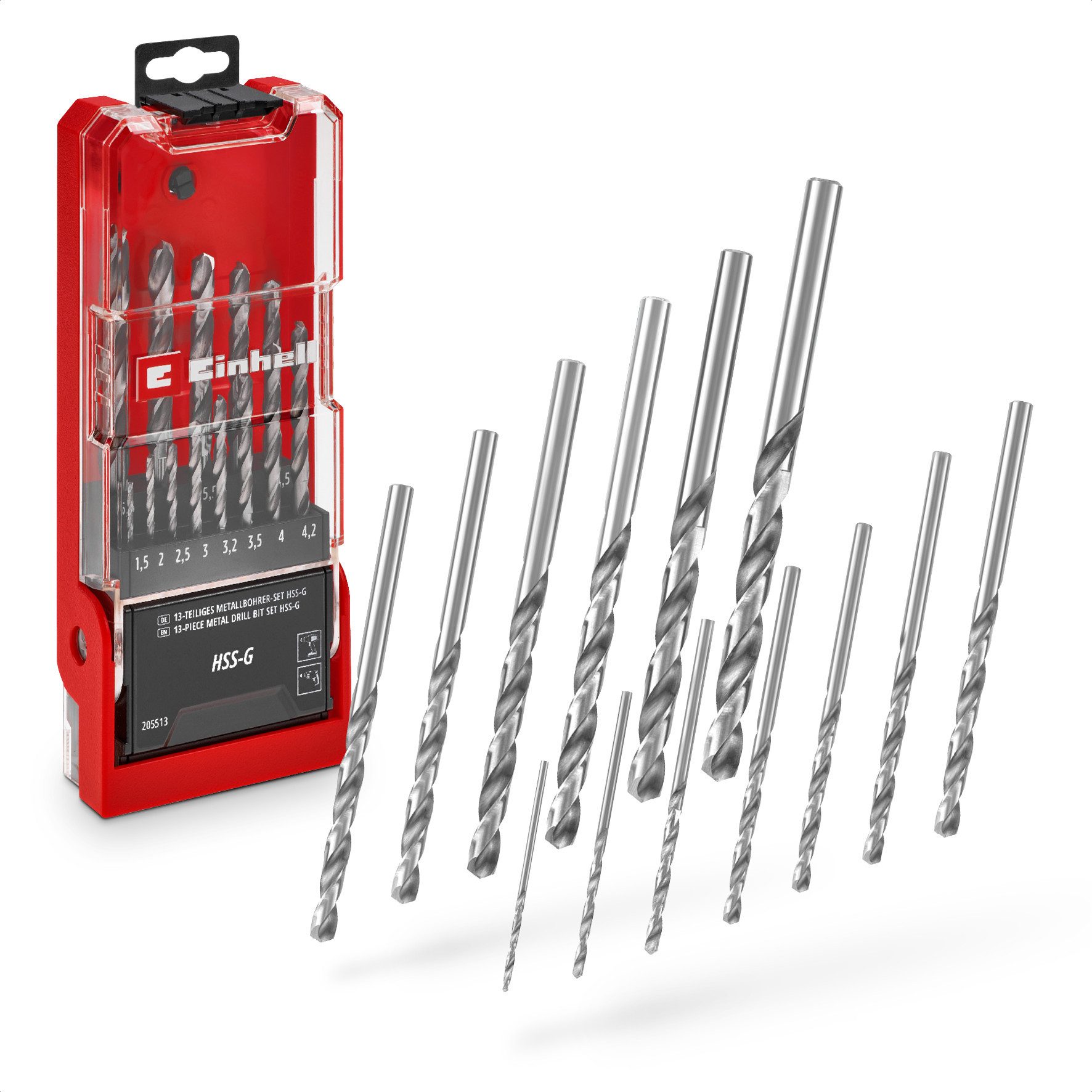 Einhell Bohrer- und Bit-Set Original Einhell 13-tlg. HSS-G Metallbohrer-Set (HSS 4241 Stahl, hochg, (13x HSS-G Metallbohrer (1,5 / 2 / 2,5 / 3 / 3,2 / 3,5 / 4 / 4,2 / 4,5 / 5 / 5,5 / 6 / 6,5 mm), 1x Aufbewahrungskassette (15,0 x 6,2 x 2,6 cm), 13-tlg), Original Einhell 13-tlg. HSS-G Metallbohrer-Set (HSS 4241 Stahl, hochg