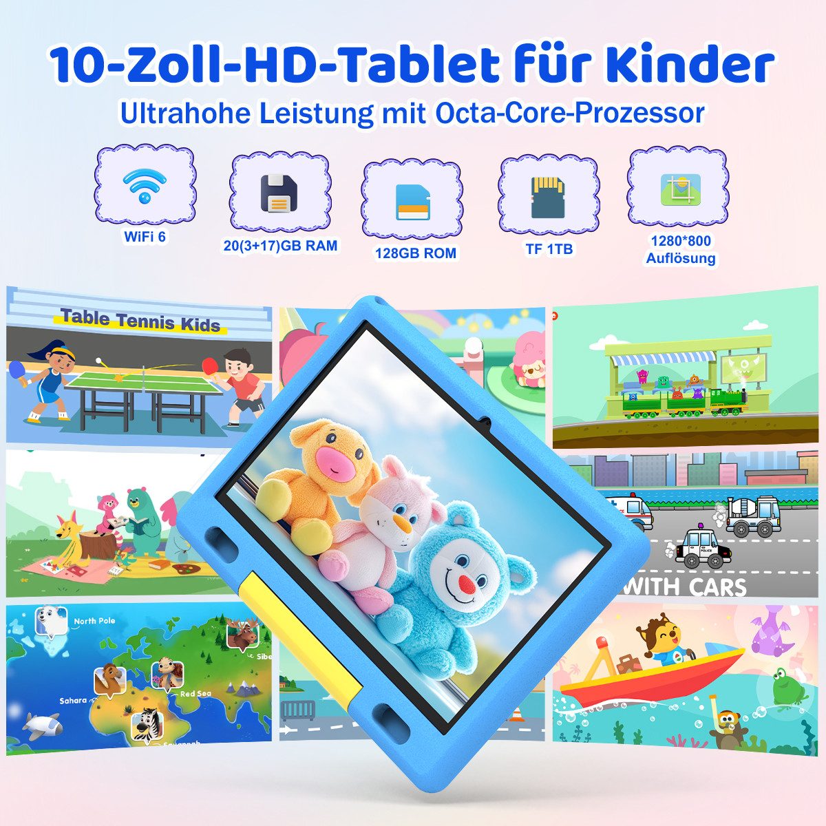 BUFO Kinder Lern-Tablet mit Elternkontrolle 10'' Android 16, 64GB Tablet (10", 128 GB, Android 15, Kids Bumper blau)