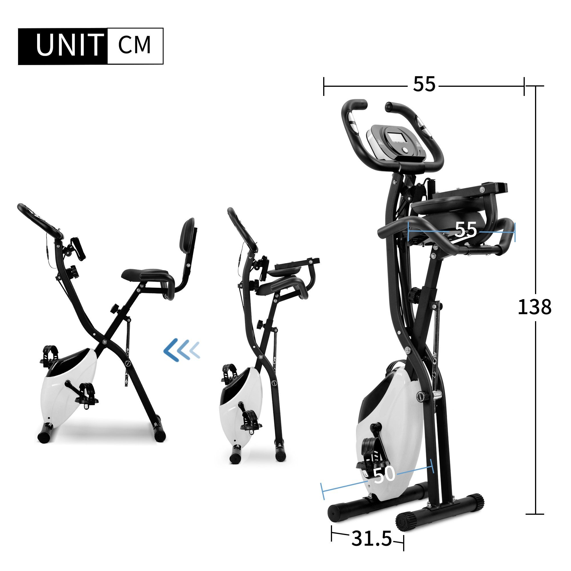 Heimtrainer (magnetische faltbares Fitnessfahrrad), 3-in-1 X-bike mit Expanderbänder, 10 Widerstandsstufen, Max 120 kg
