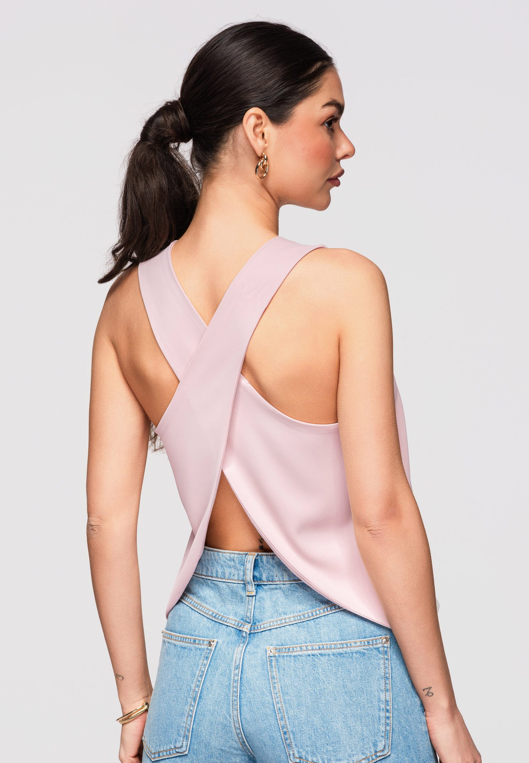 OMBRE Blusentop Damen Blusentop mit offenem Rücken Elegant Rose L (kein Set, 1-tlg) Offener Rücken mit überlappenden Paneelen
