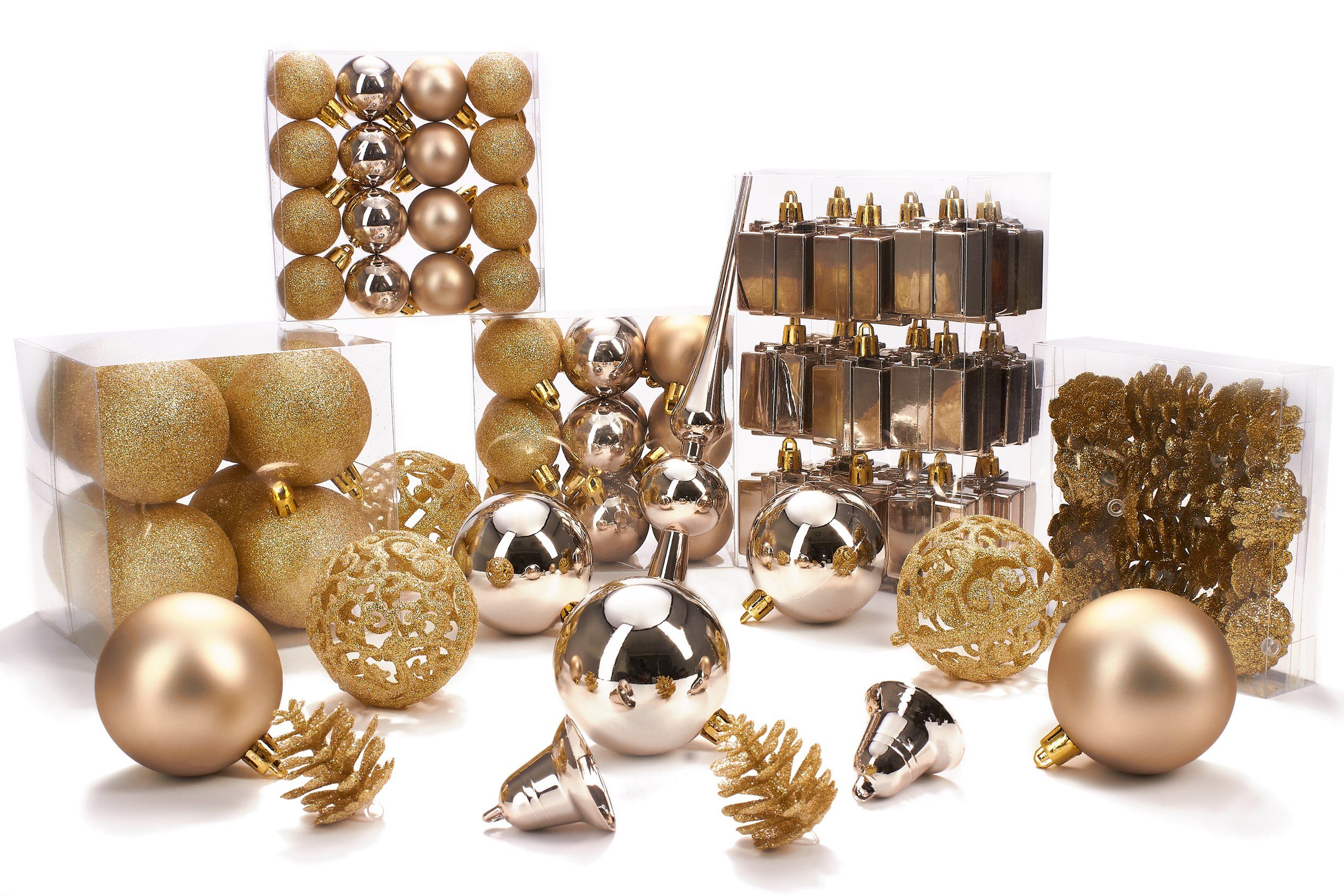 BRUBAKER Weihnachtsbaumkugel 101-teiliges Weihnachtskugel-Set mit Baumspitze, Christbaumschmuck aus Kunststoff, Weihnachtsdekoration edel und robust