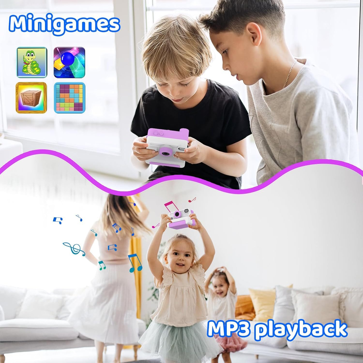 AMZSA Kinderkamera Sofortdruck 1080P HD mit 32GB Karte Sofortbildkamera Sofortbildkamera (inkl. Kinderkamera Set mit Druckpapier Stiften Stickern und 32GB Karte, Sofortdruck 1080P Video 32GB Karte Spiele kompakte Bauweise)