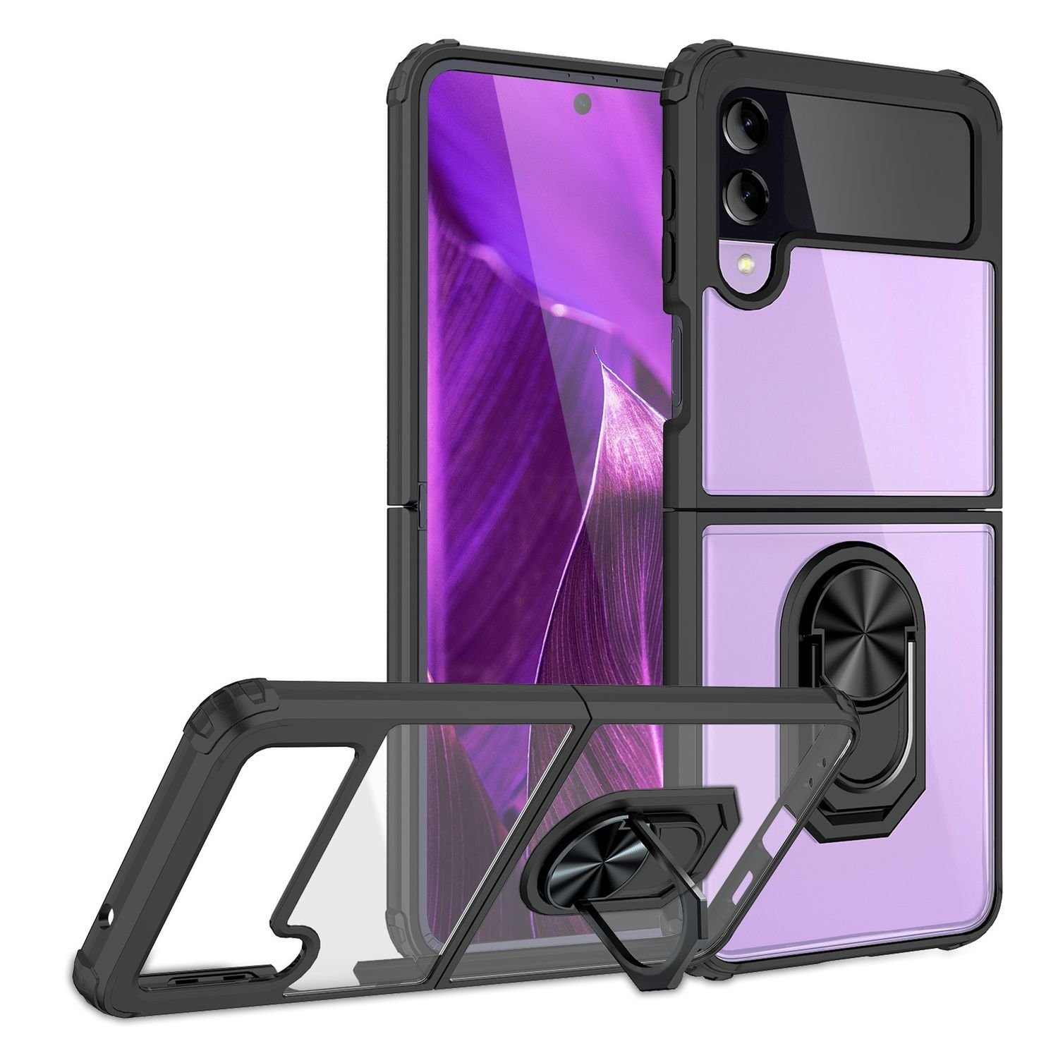 Nalia Smartphone-Hülle Samsung Galaxy Z Flip4 17 cm (6,7 Zoll), Klare Ring Hülle / Transparent mit Farbrahmen / 360 Grad Finger-Halter