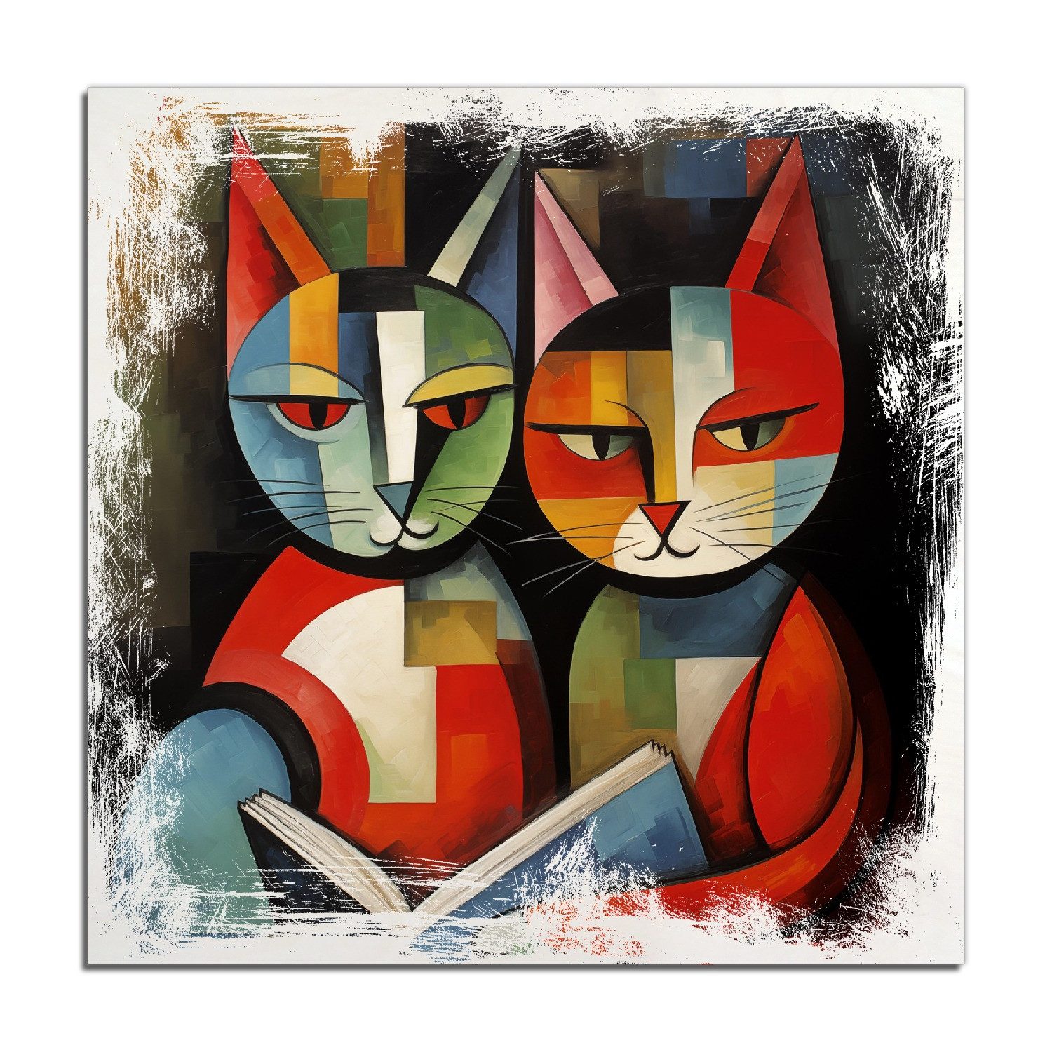 Wallario Holzbild, Lesende Katzen, in verschiedenen günstig online kaufen