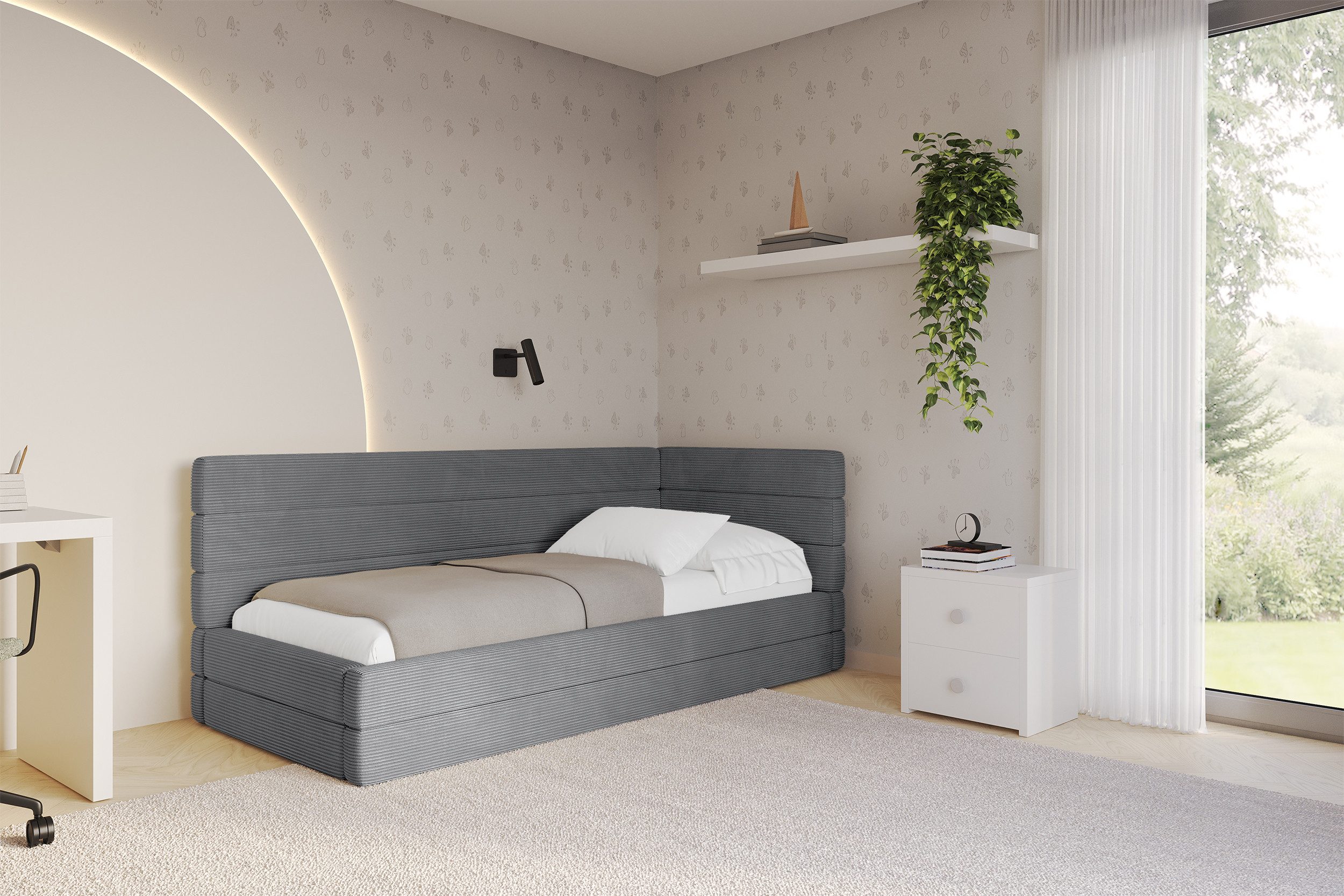 ALTDECOR Jugendbett BEMY (Jugendbett mit Bettkasten und Lattenrost, Polsterbett ohne Matratze), Einzelbett mit Stauraum, Bett mit Kopfteil