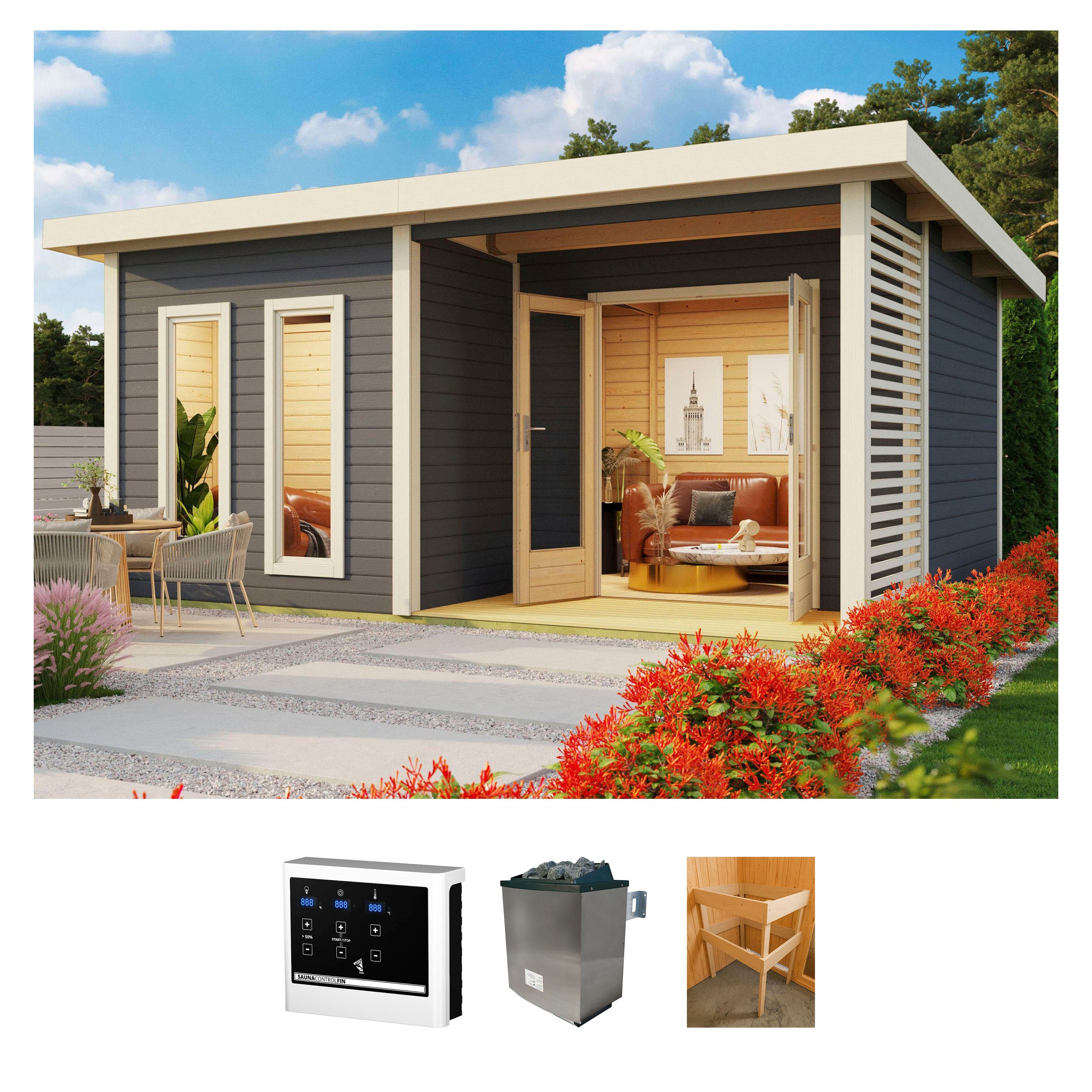 KONIFERA Saunahaus Maiko 5 SET B, BxTxH: 490 x 368 x 231 cm, 38 mm, terragrau, mit Ofen 9 kW ext. Steuerung