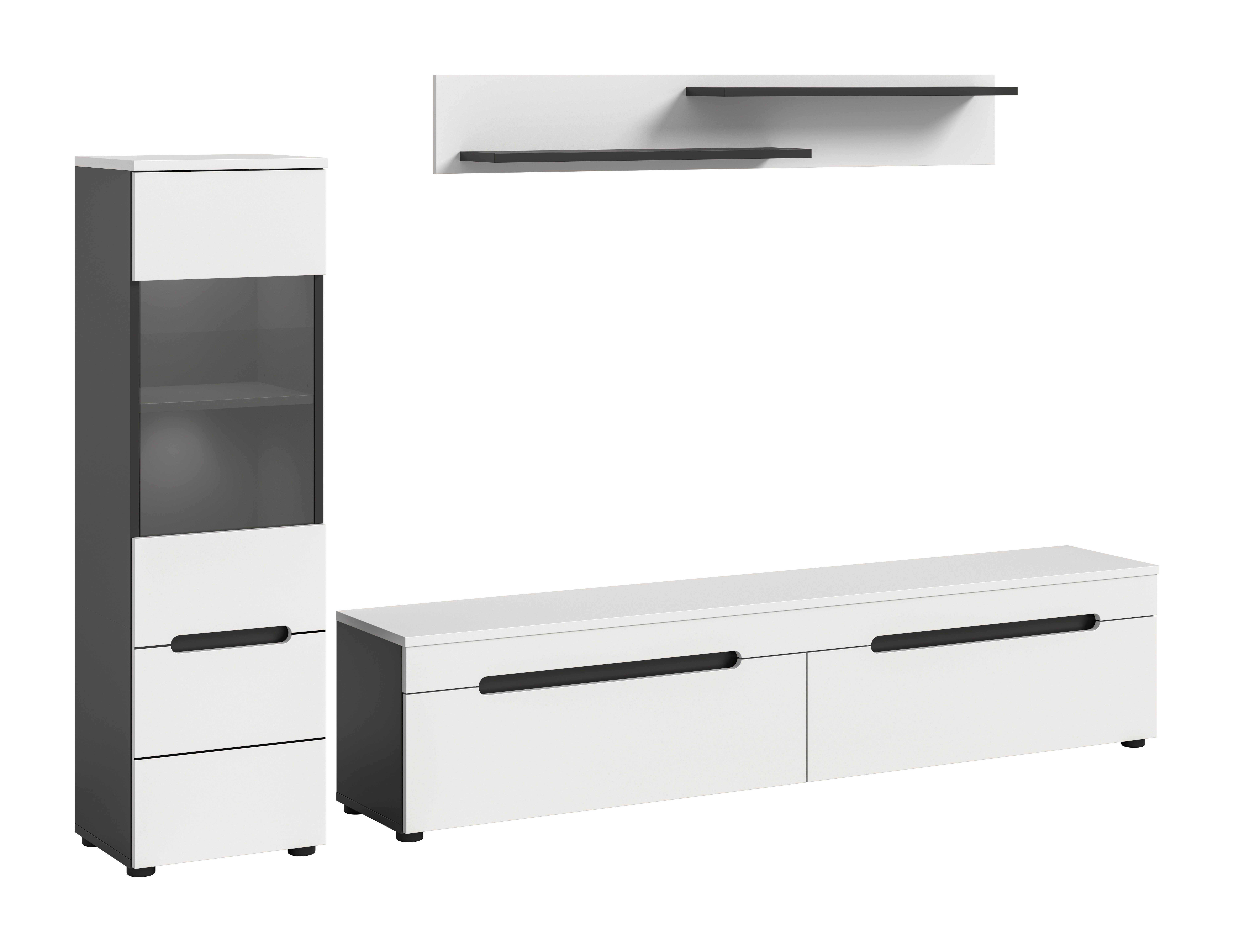 furnling Wohnzimmer-Set Cano, (3-St., Lowboard, Vitrine, Wandboard), Wohnzimmermöbel, mit LED-Beleuchtung, Breite 221 cm
