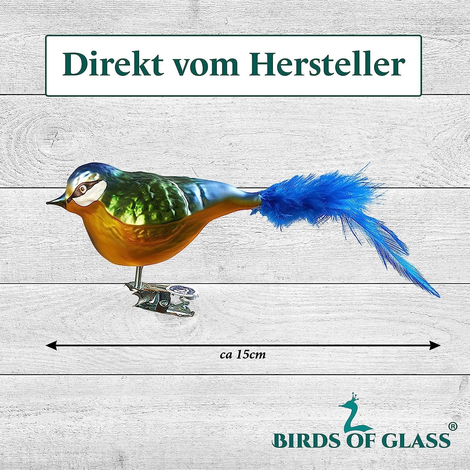 Birds of Glass Christbaumschmuck Glasvogel aus eigener mundgeblasen, mit Naturfeder, Herstellung handdekoriert, Blaumeise