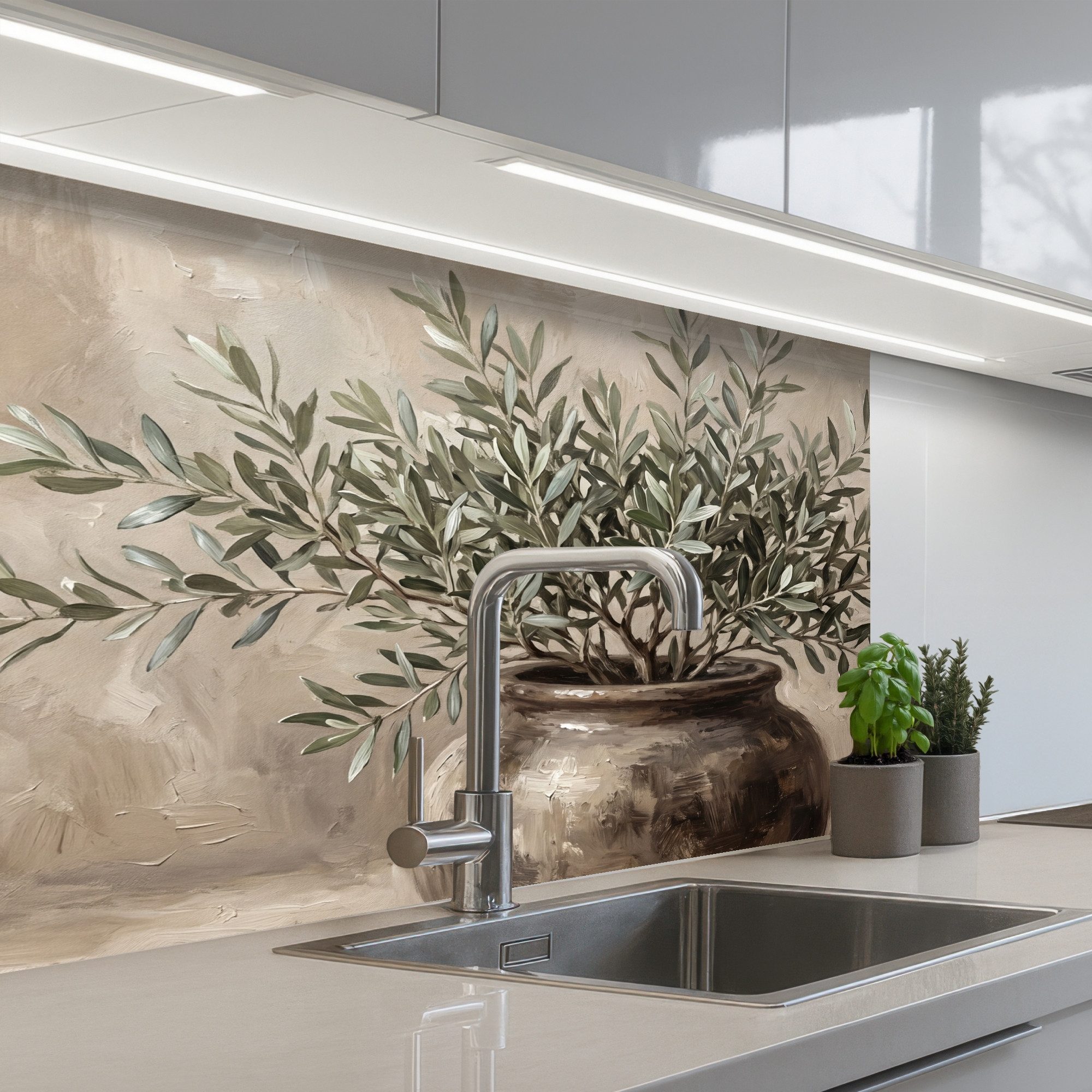 KitchenYeah Küchenrückwand selbstklebend (keine Folie) Olivenpflanze - Tontopf - Abstrakt - Beige, (1-tlg), Spritzschutz, Küche, Rückwand, Küchenwand, Küchenfront, 80x60 cm