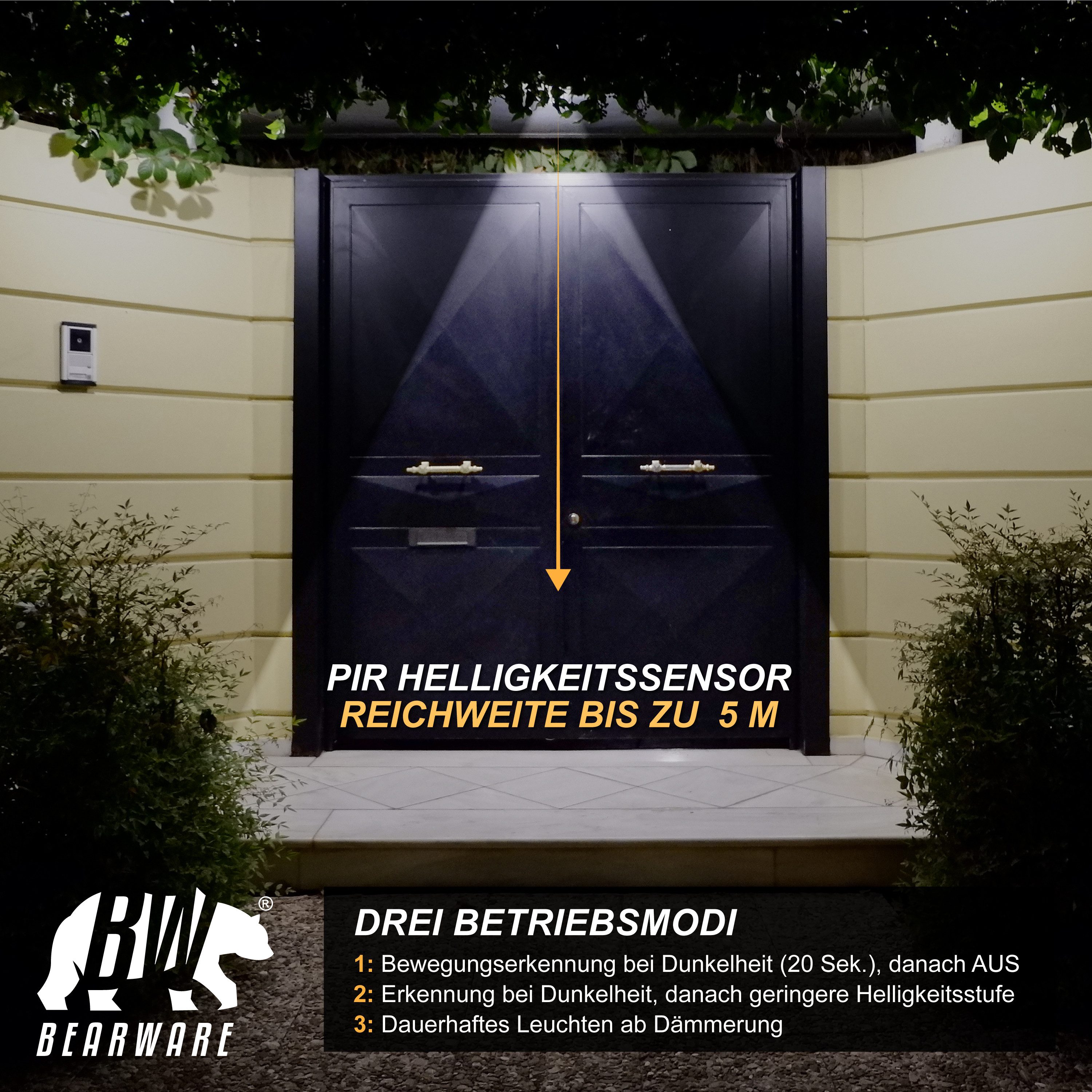 BEARWARE LED Solarleuchte Solarlampe für Außen mit Bewegungsmelder & Akku 1200mAh, IP54, Ein-/Ausschalter, LED fest verbaut, Kaltweiß, Wandleuchte, 20 SMD-LEDs, – Bild 5 von 5
