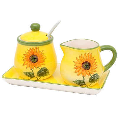 Neuetischkultur Zuckerdose Zuckerdose Sahnegießer auf Platte Sonnenblume, Keramik, (Set, 3-tlg., 1 Kännchen 1 Zuckerdose 1 Platte), Serviergeschirr
