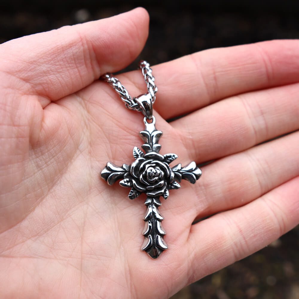 DALMARO Kette mit Anhänger Lederkette Edelstahlkette 316L ROSEN KREUZ, Herren Halskette Biker / Wikinger Kette - Schmuckbox