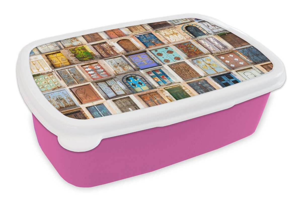Türen rosa Lunchbox für - (2-tlg), Mädchen, - Snackbox, Erwachsene, Brotbox MuchoWow - Kunststoff, Kinder, Collage, Vintage Architektur Kunststoff Brotdose