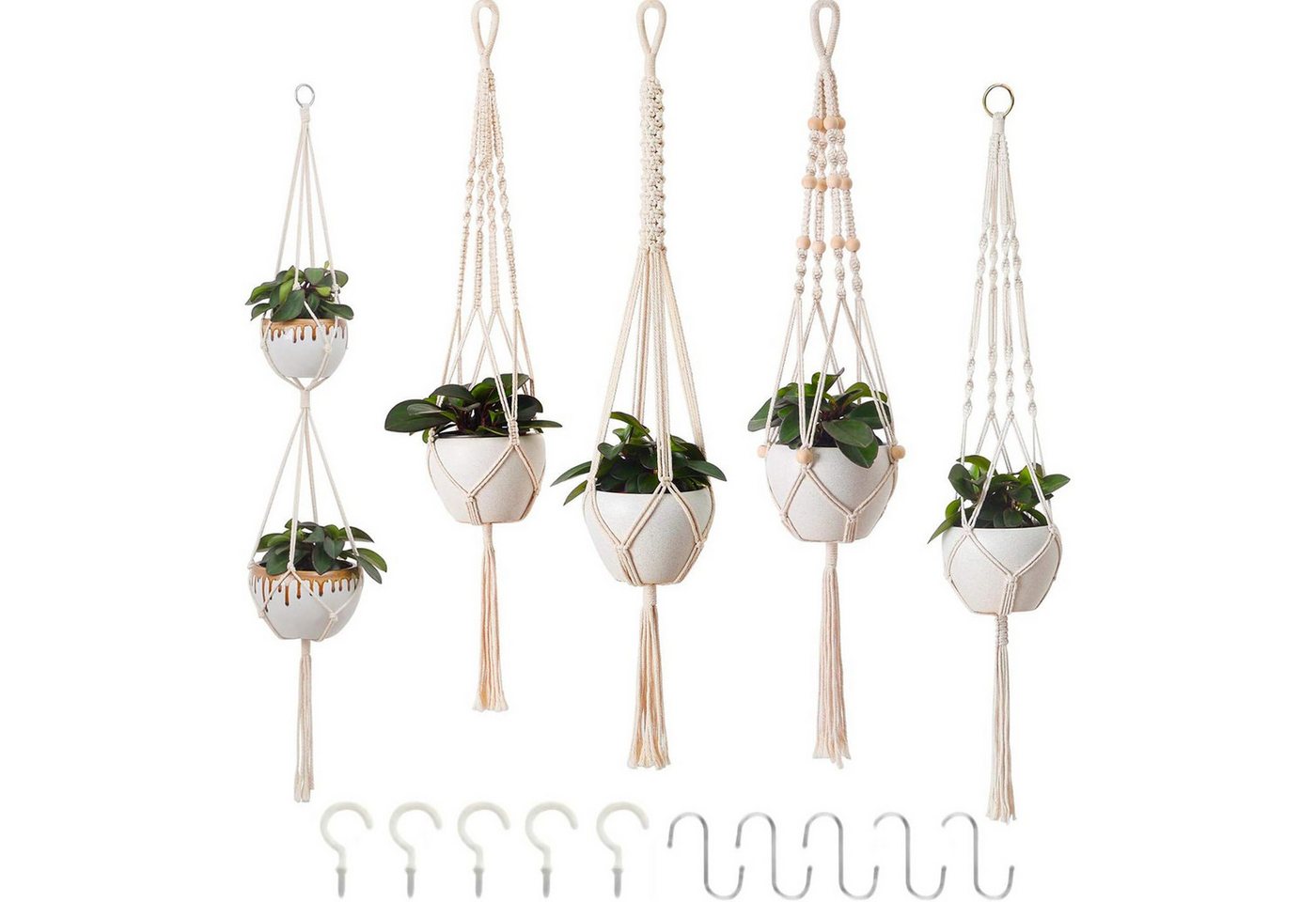 SURFOU Blumenampel Makramee-Blumenampel, 5er Set, Baumwoll-Hanfseil, Pflanzenhänger, Handgeknüpft mit 10 Haken, Boho Deko für Wohnzimmer & Balkon